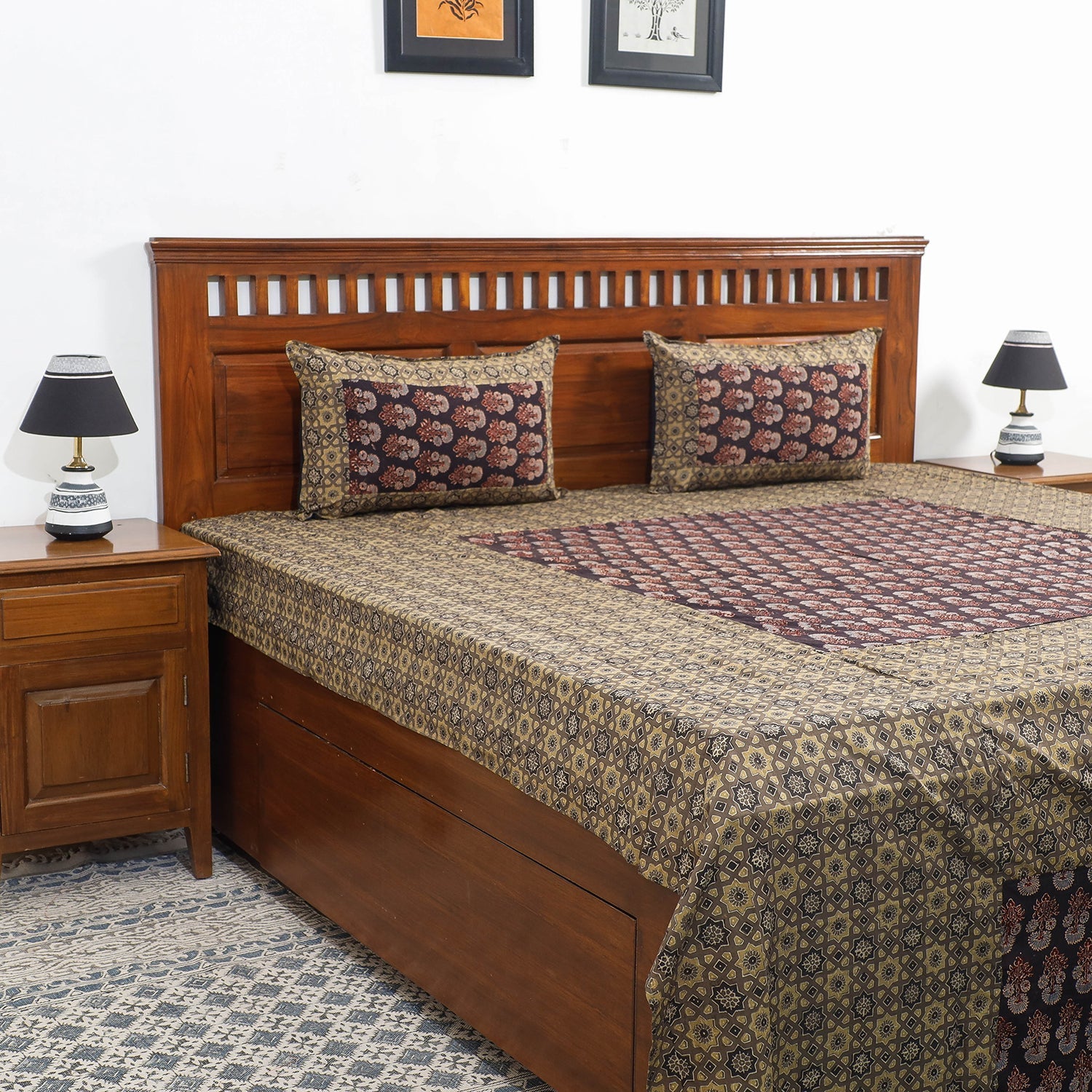 HAVELI CHRONICLES Brown - Ajrakh Patch Tukdi Kaam Cotton Double Bed Cover with Pillow Covers (109 x 86 in)
