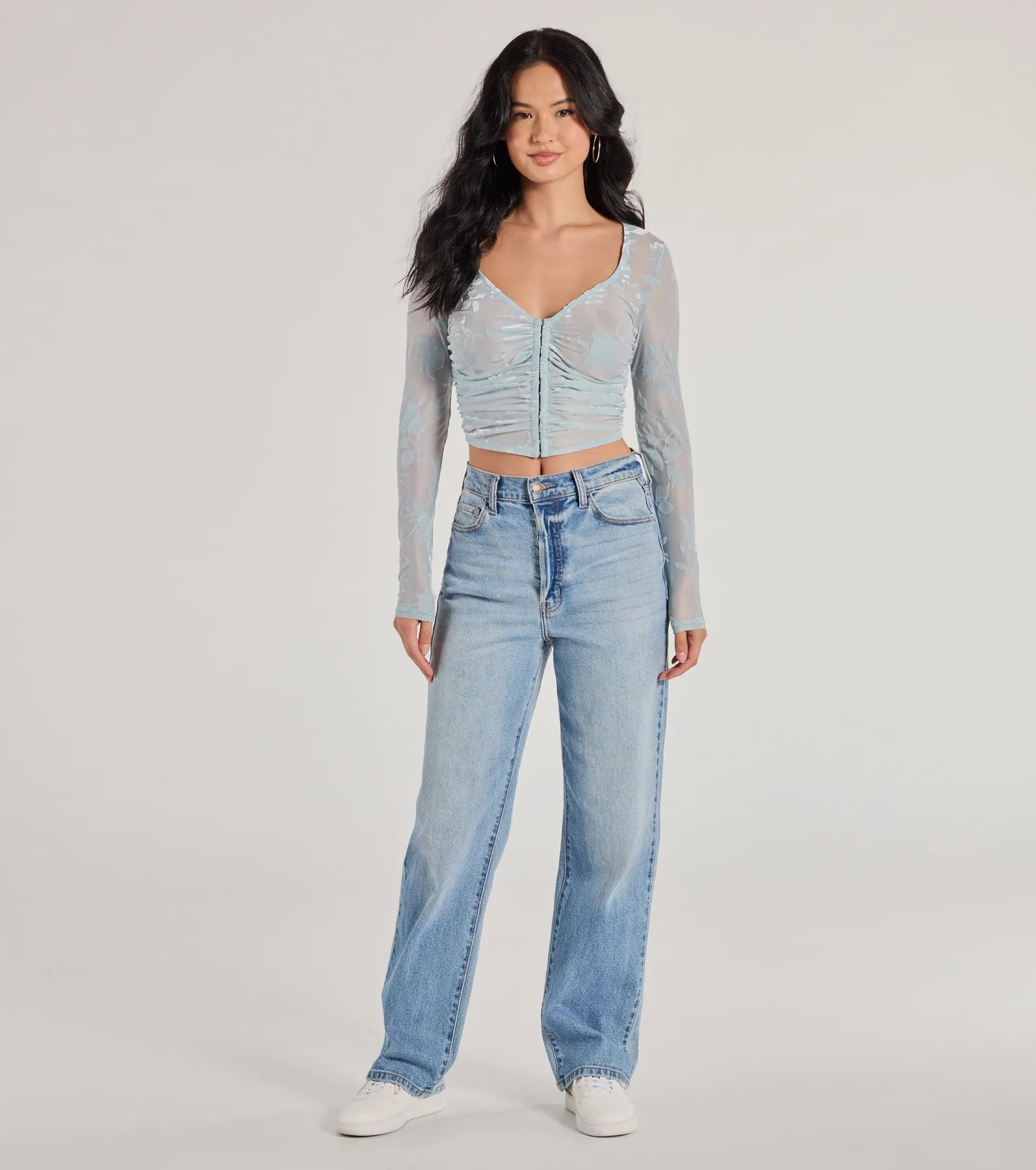 Windsor Charming Flocked Floral Mesh Long Sleeve Corset Top - view 7