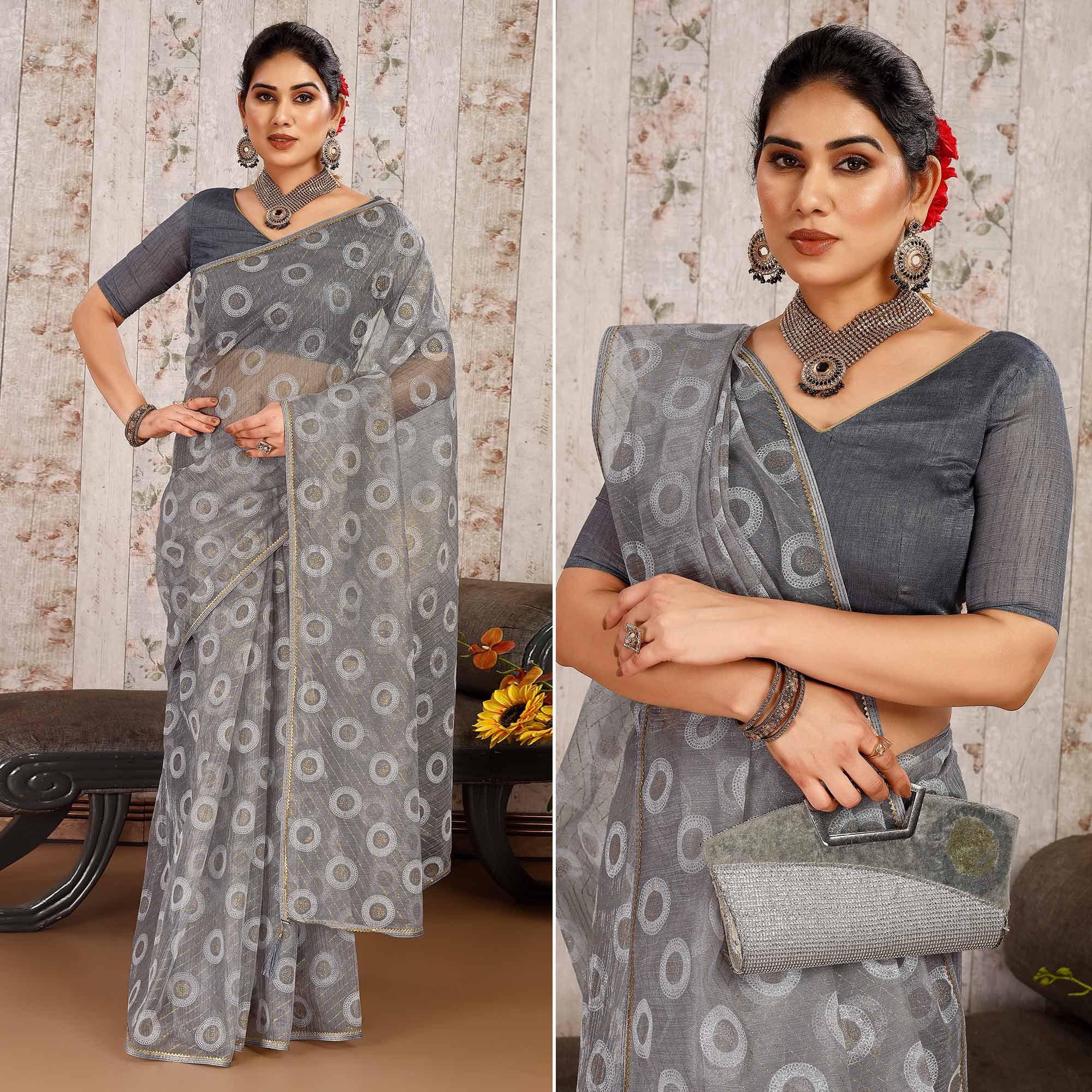 Peachmode Grey Printed With Zari Work Cotton Silk Saree With Lace Border