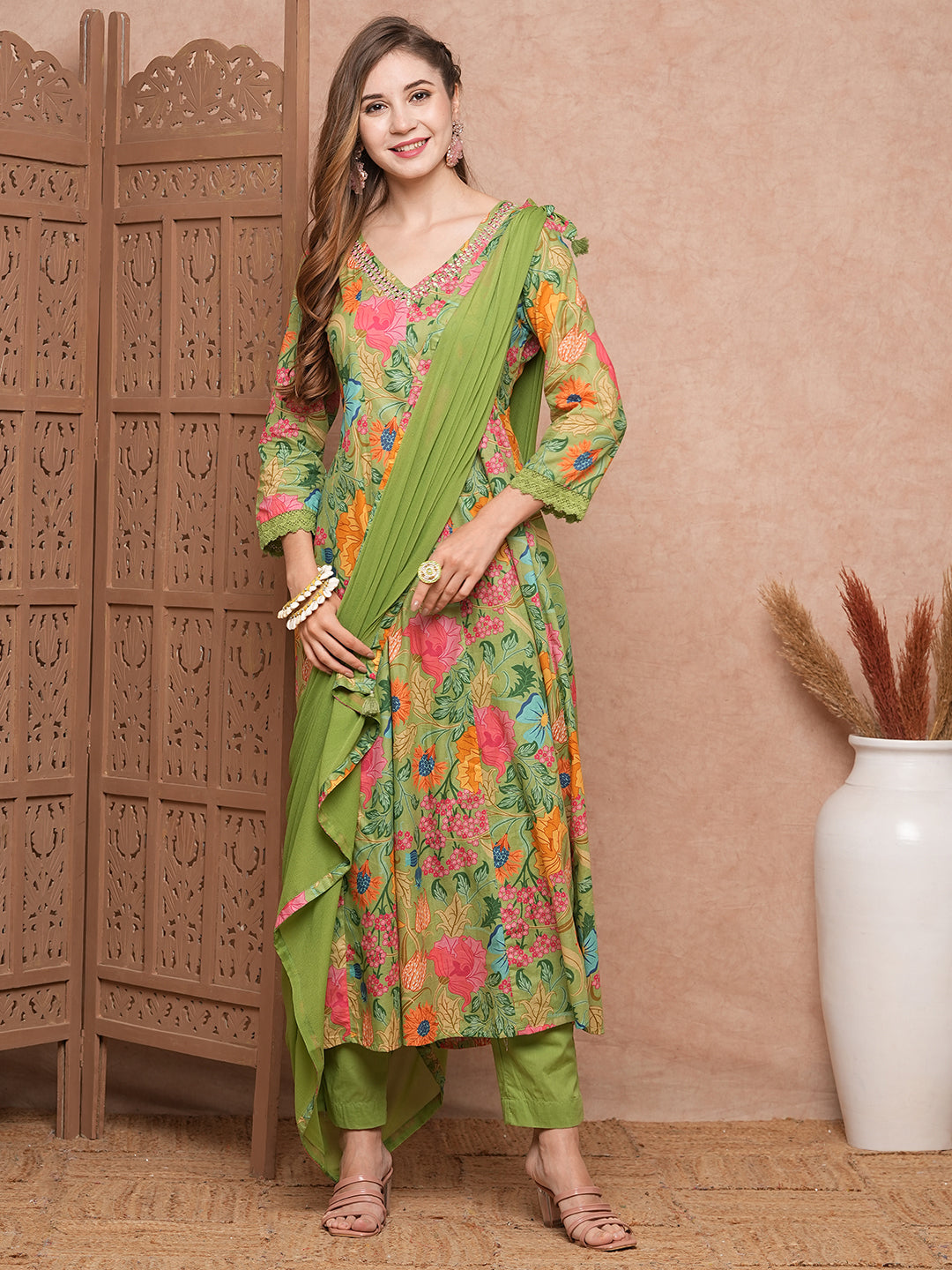 Fashor Floral Printed Mirror Embroidered Anarkali Kurta with Pants & Dupatta - Lime Green