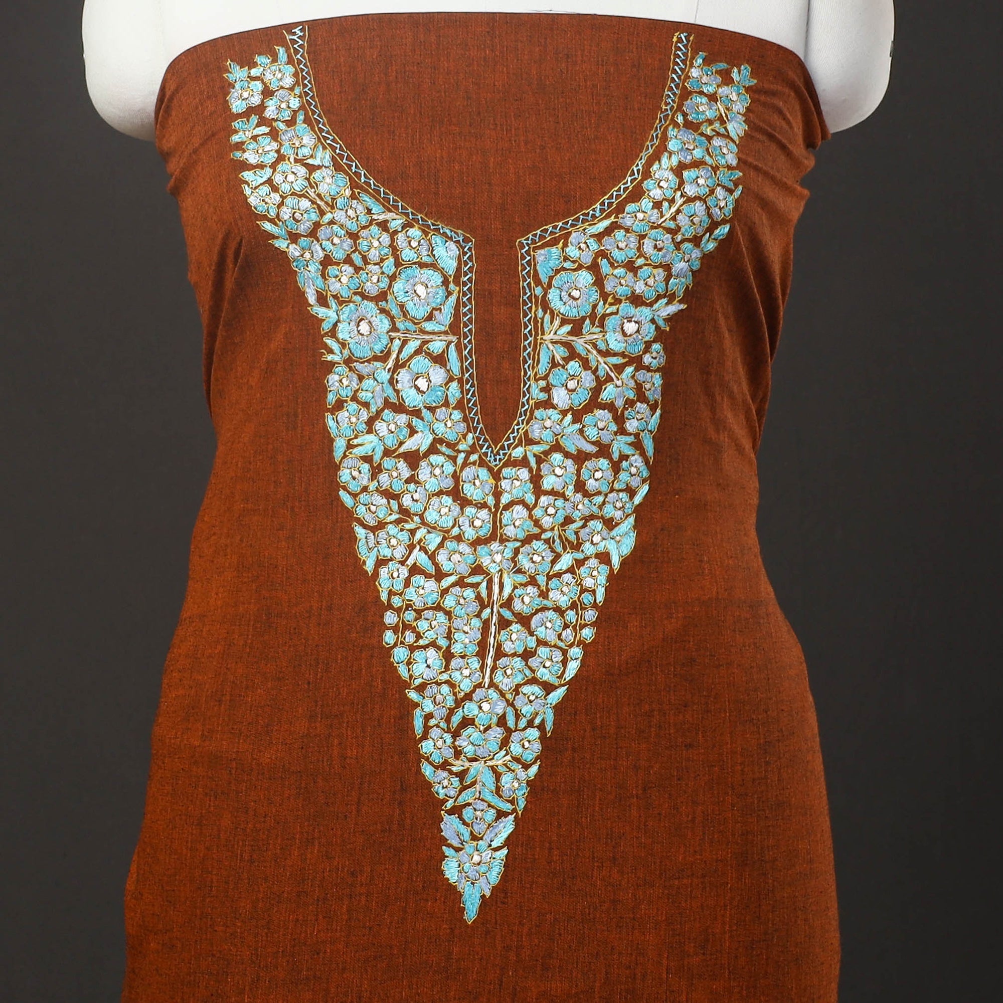 ITOKRI CRAFTS INITIATIVE Orange - Kashida Hand Embroidery Cotton Kurta Material (2.55m) 26 - view 3