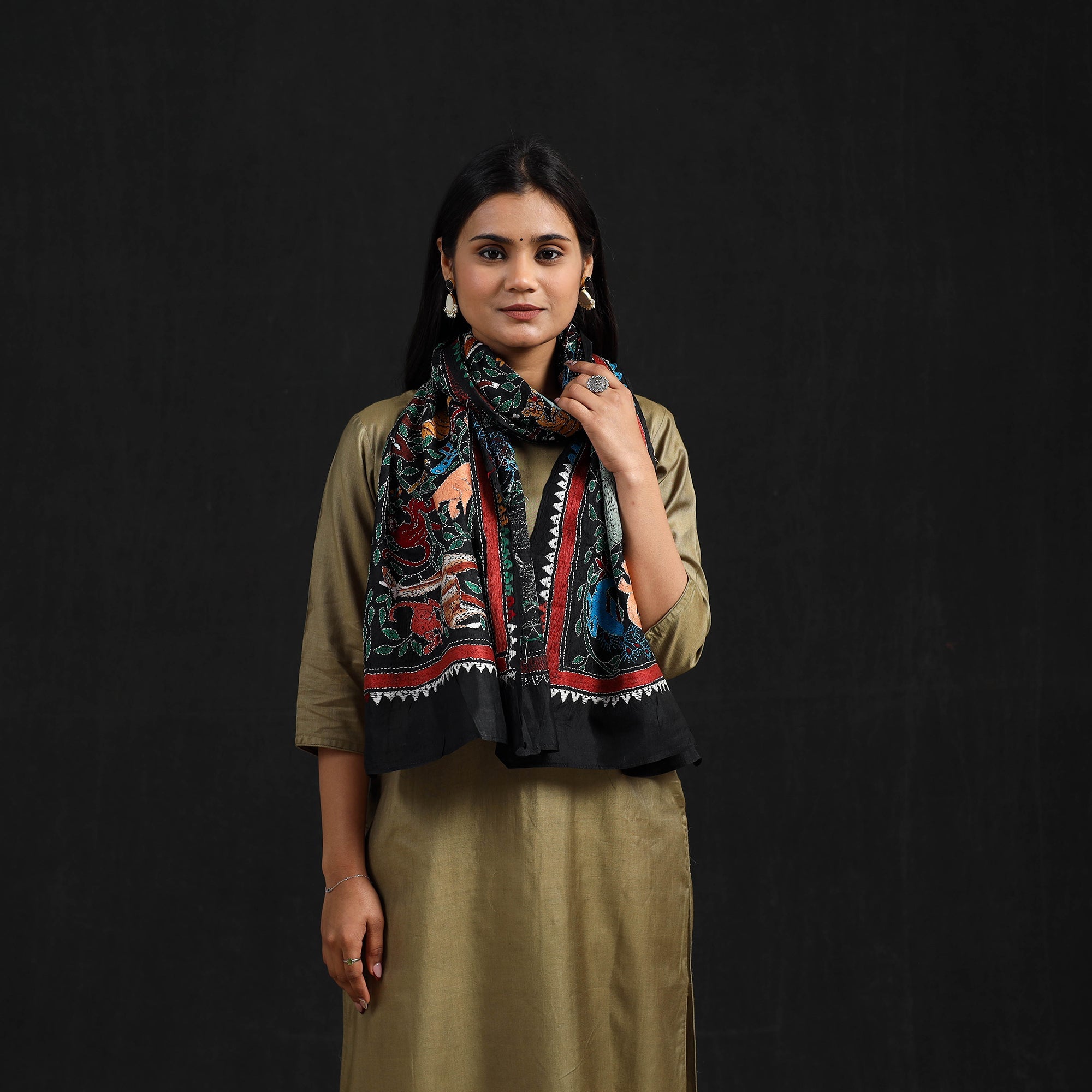 KHUSHBASH - HAPPY LOOM OF EAST Black - Handloom Silk Bengal Kantha Work Stole 26 - view 2