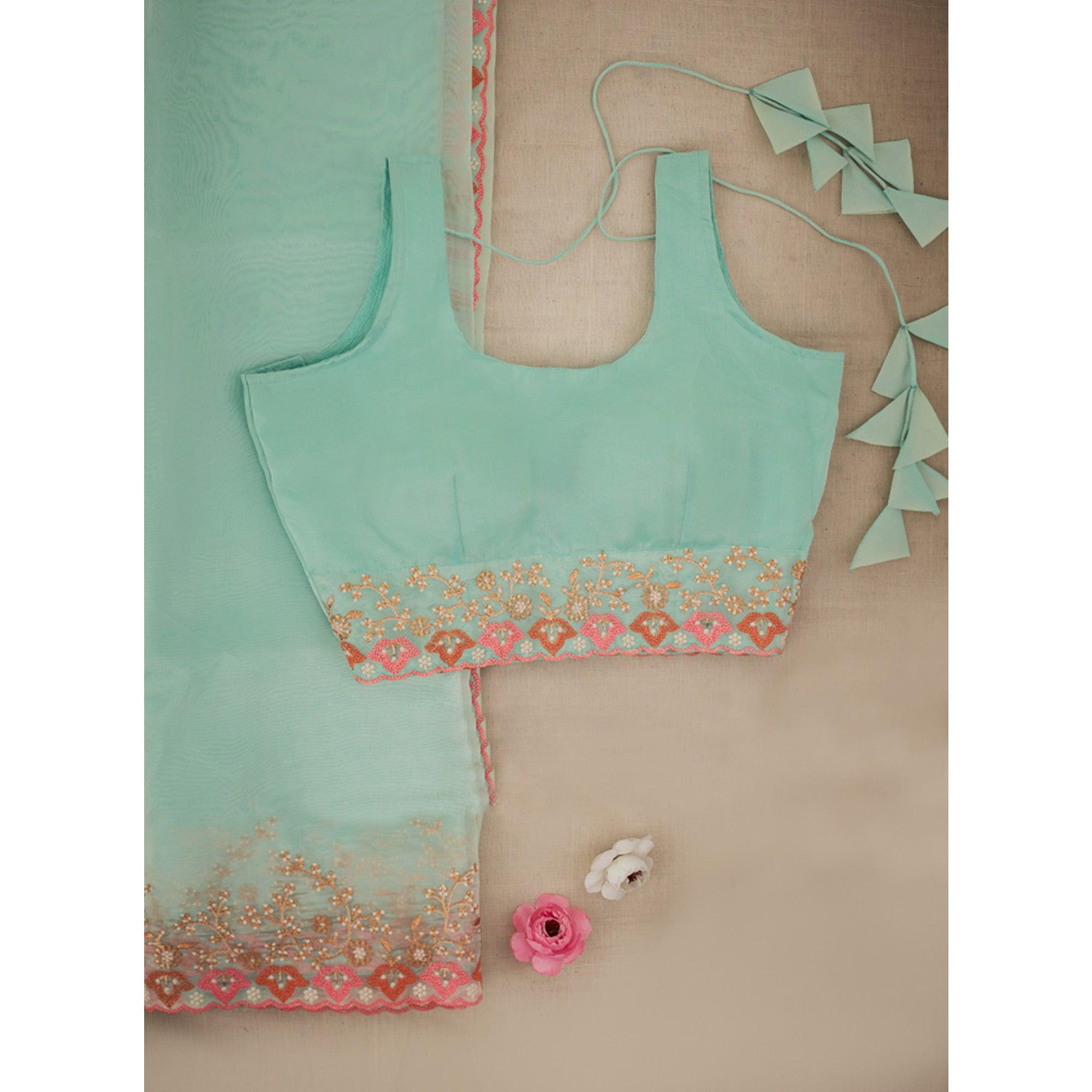 Peachmode Light Blue Embroidered Organza Saree - view 6