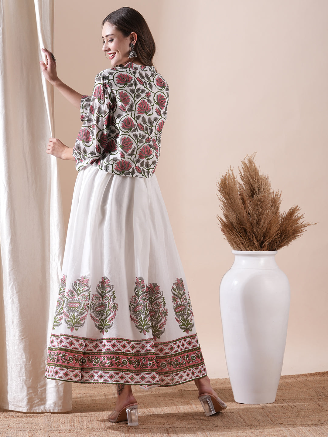 Fashor Floral Block Printed Maxi Dress with Floral Jacket - White - view 7