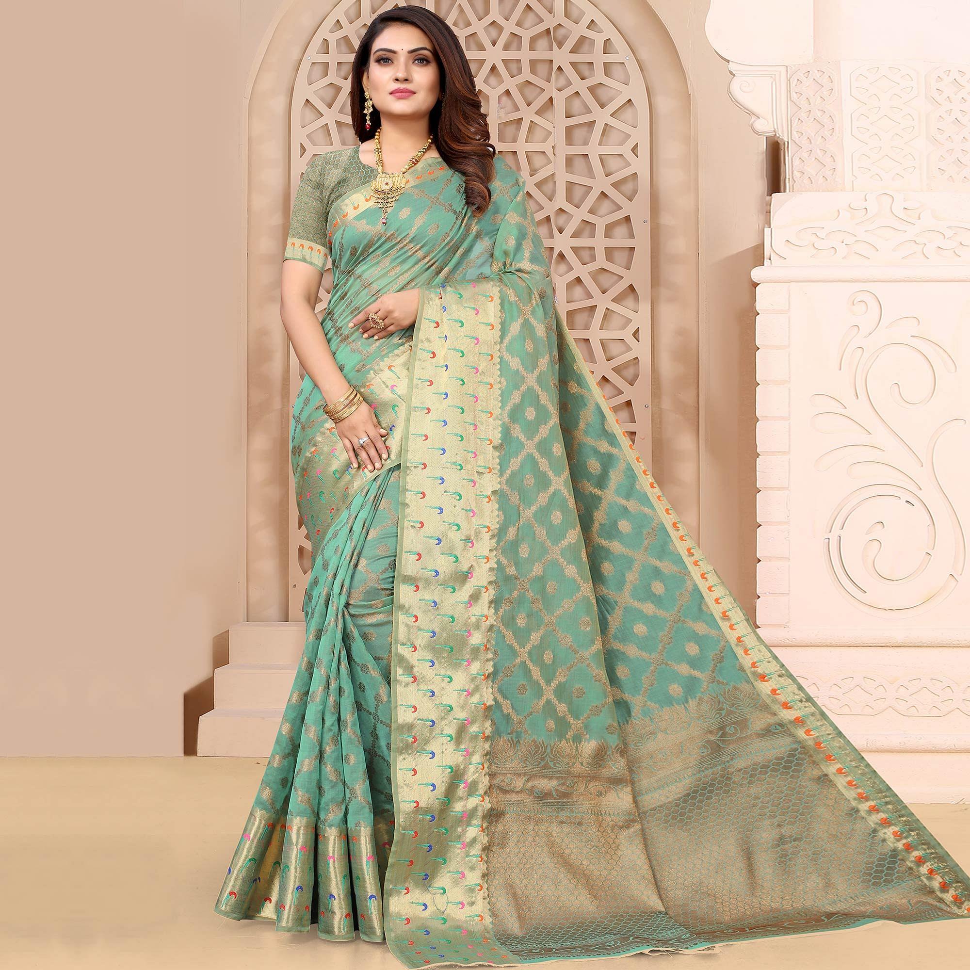 Peachmode Firoji Woven Organza Saree – Women's