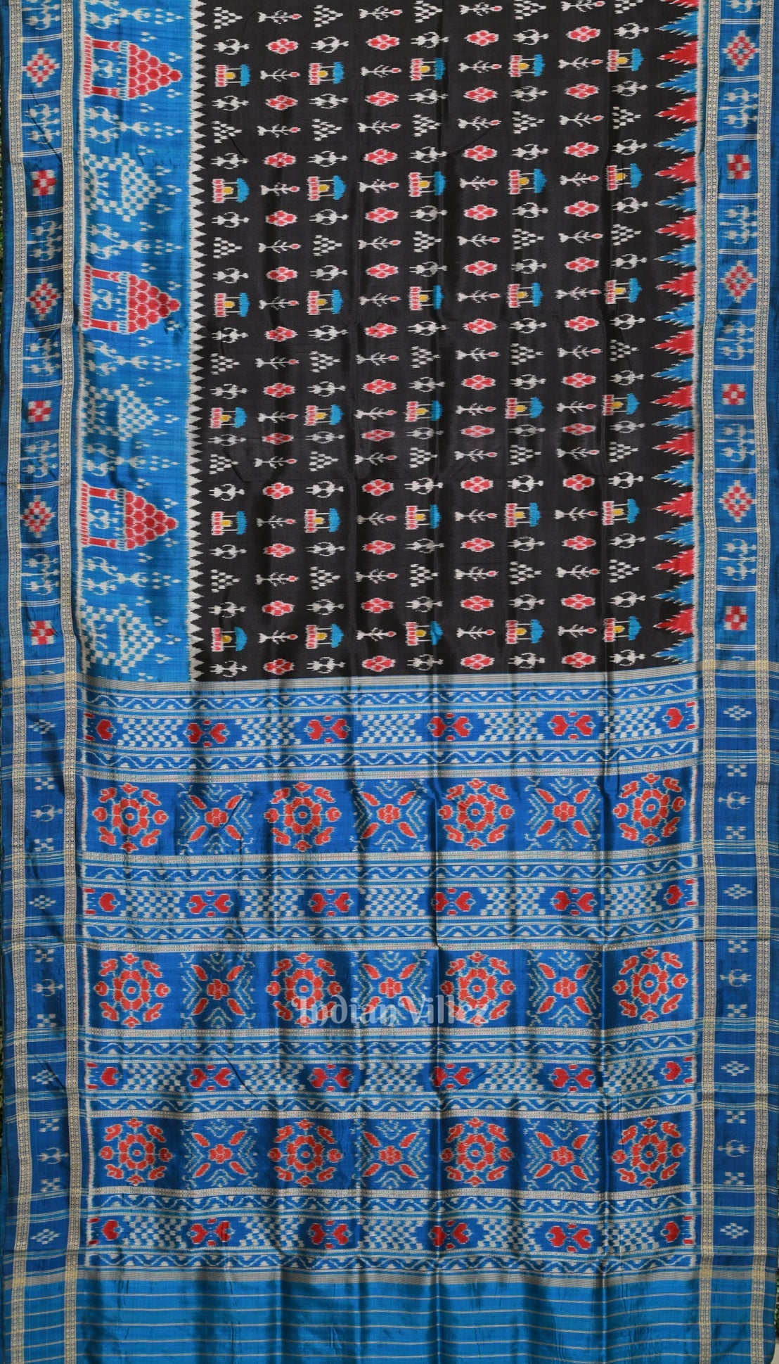 IndianVillèz Copper Sulphate Black Tribal Theme Odisha Khandua Silk Saree