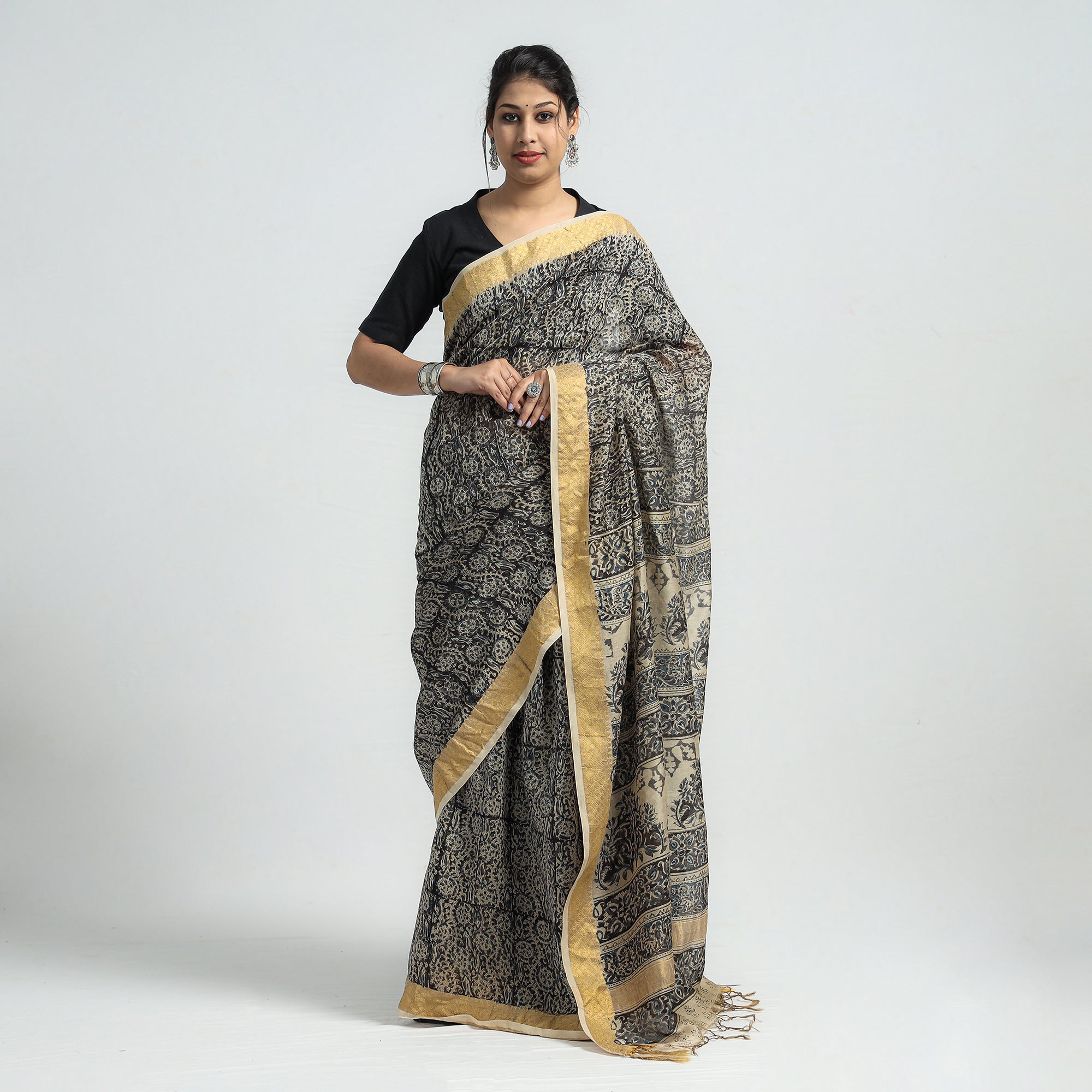 VENKATA BHANU KALAMKARI PEDANA Black - Original Pedana Kalamkari Block Print Silk Saree