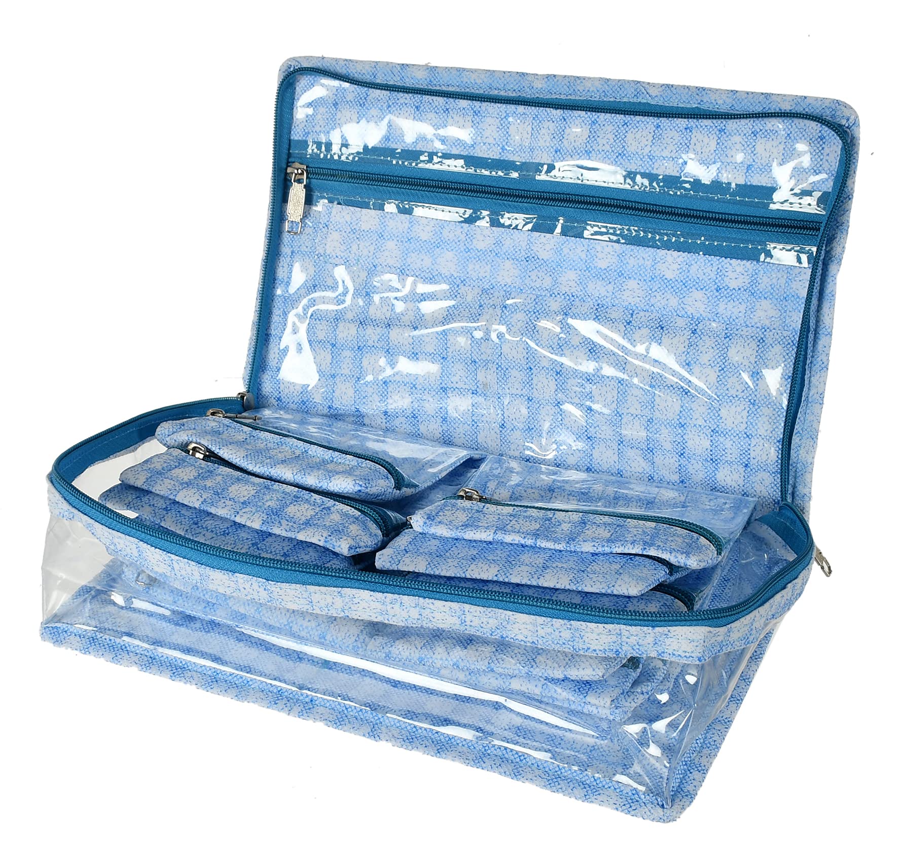 Heart Home Check Design Laminated PVC Multipurpose Jewellery Storage Bag/Travel Kit With 13 Tranasparent Pouches- Pack of 2 (Blue)-HS_38_HEARTH21260 - view 4