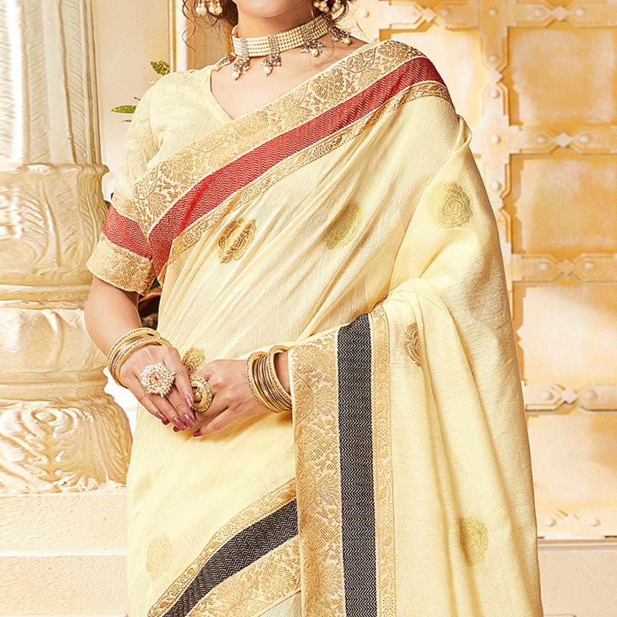 Peachmode Ideal Cream Colored Festive Wear Woven Cotton Handloom Saree - view 2