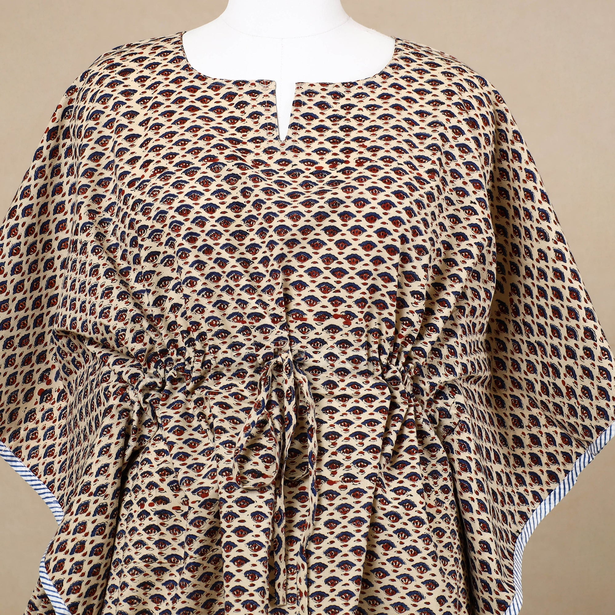 CHUTNEY CRAFT STUDIO Beige - Hand Block Printed Cotton Kaftan with Tie-Up Waist (Short) - view 3