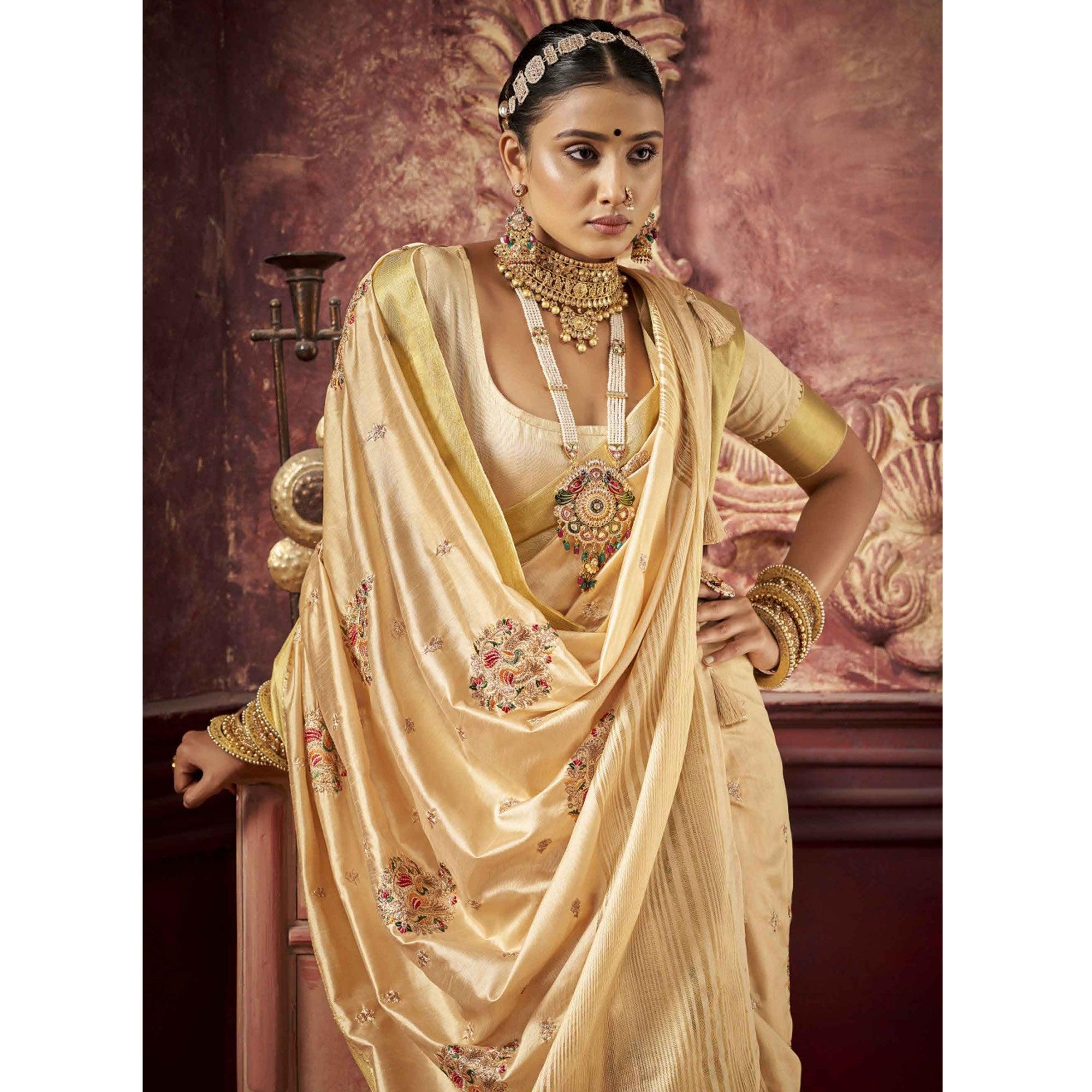 Peachmode Cream Woven-Embroidered Raw Silk Saree With Tassels - view 4