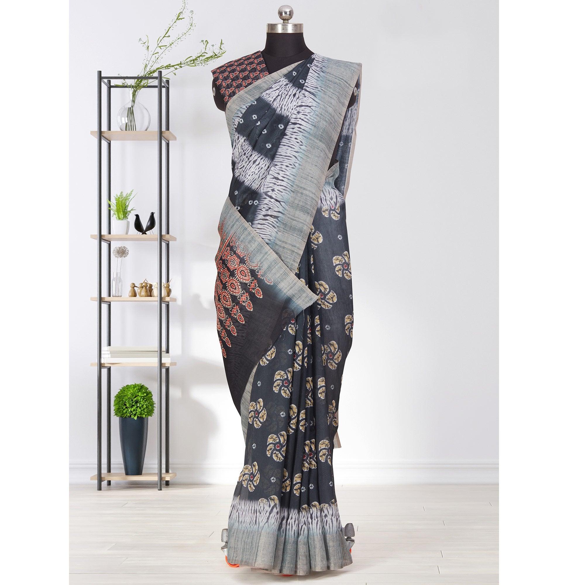 Peachmode Glorious Black Coloured Casual Wear Printed Linen Saree - view 2