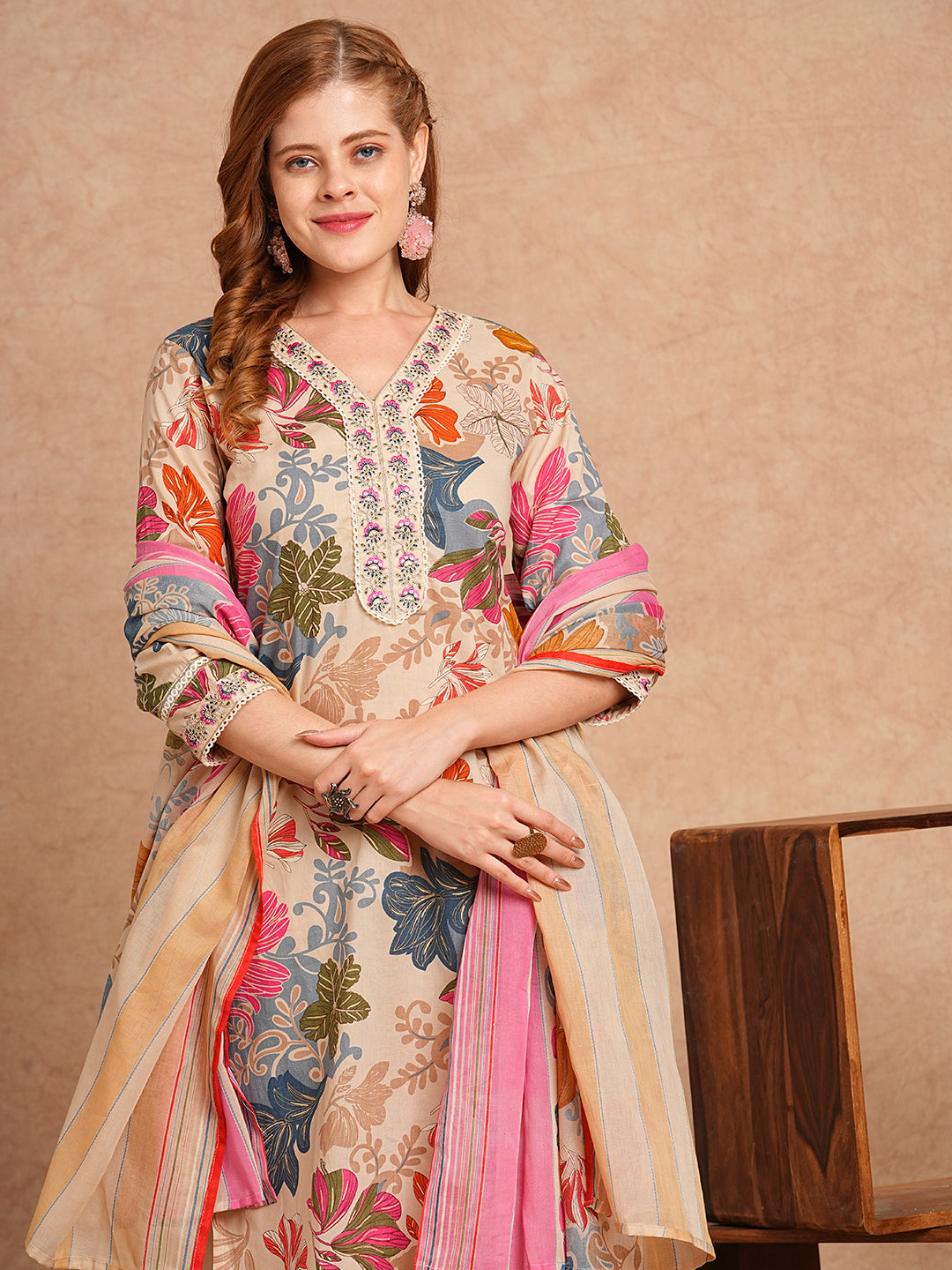 FASHOR Ethnic Floral Printed & Embroidered Straight Kurta with Pant & Dupatta - Beige - view 2