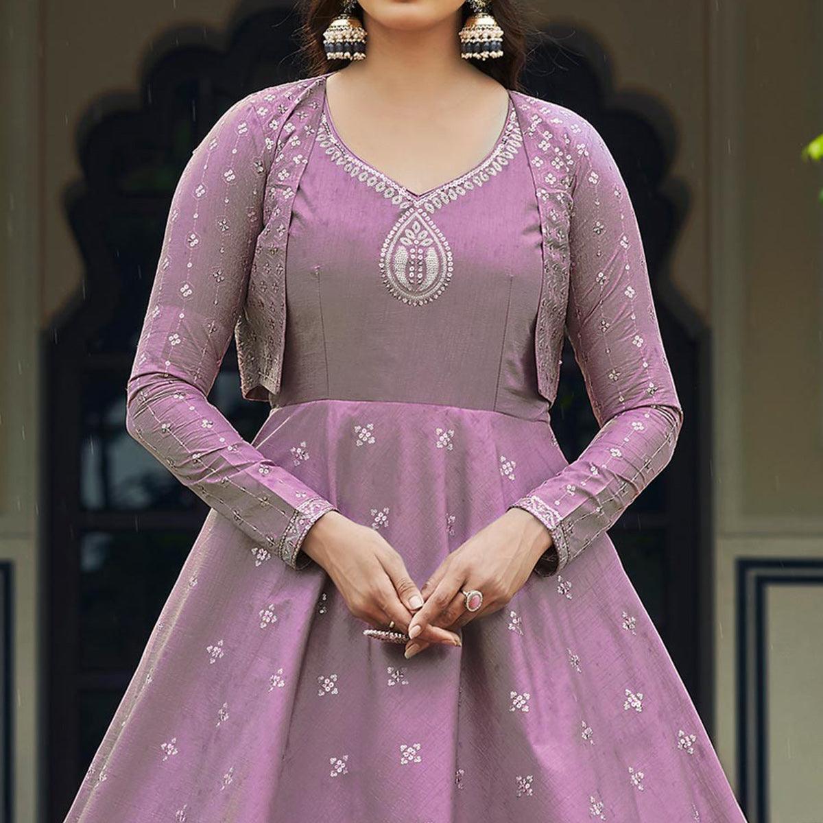 Peachmode Lavender Sequins Embroidered Pure Cotton Gown With Koti - view 2
