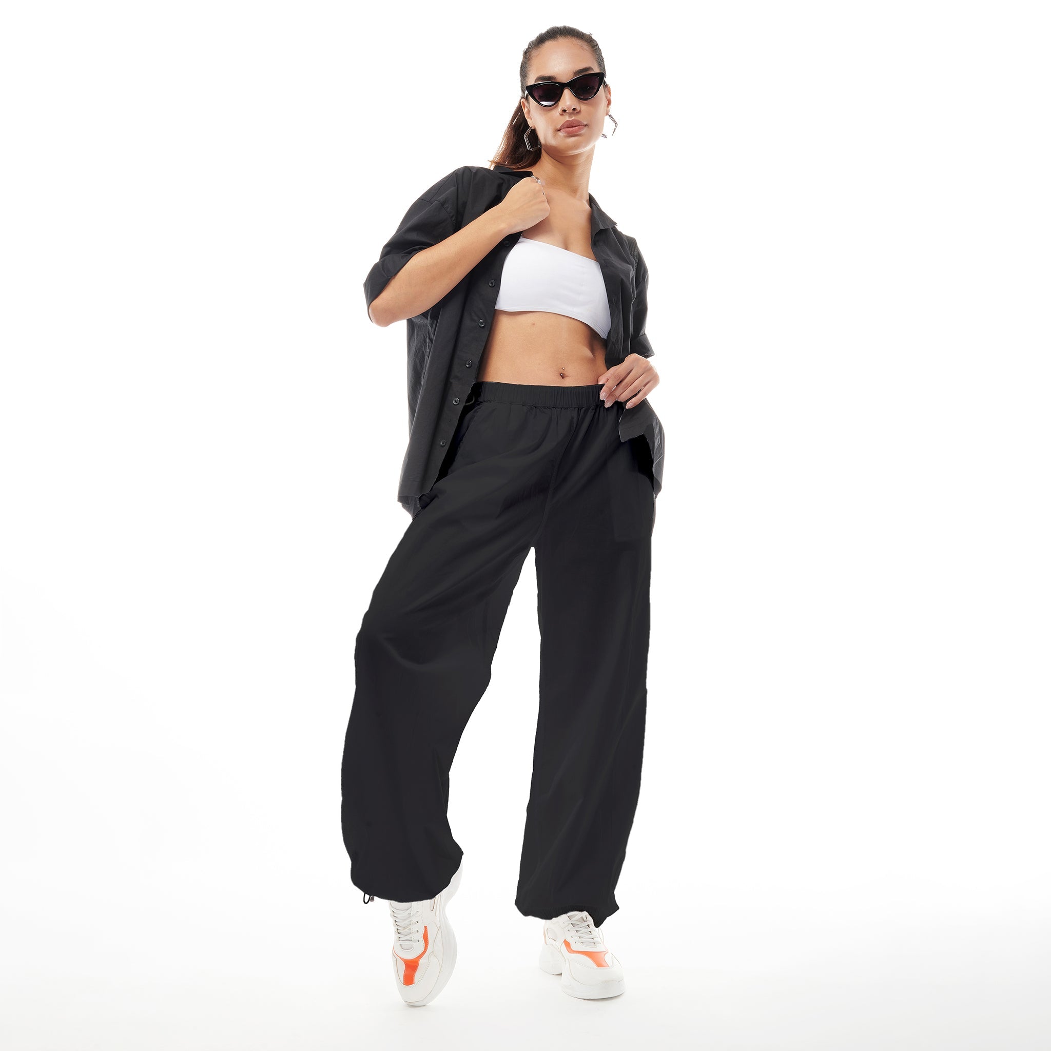 I Z F Black Parachute Pants & Drip Shirt Combo for Women