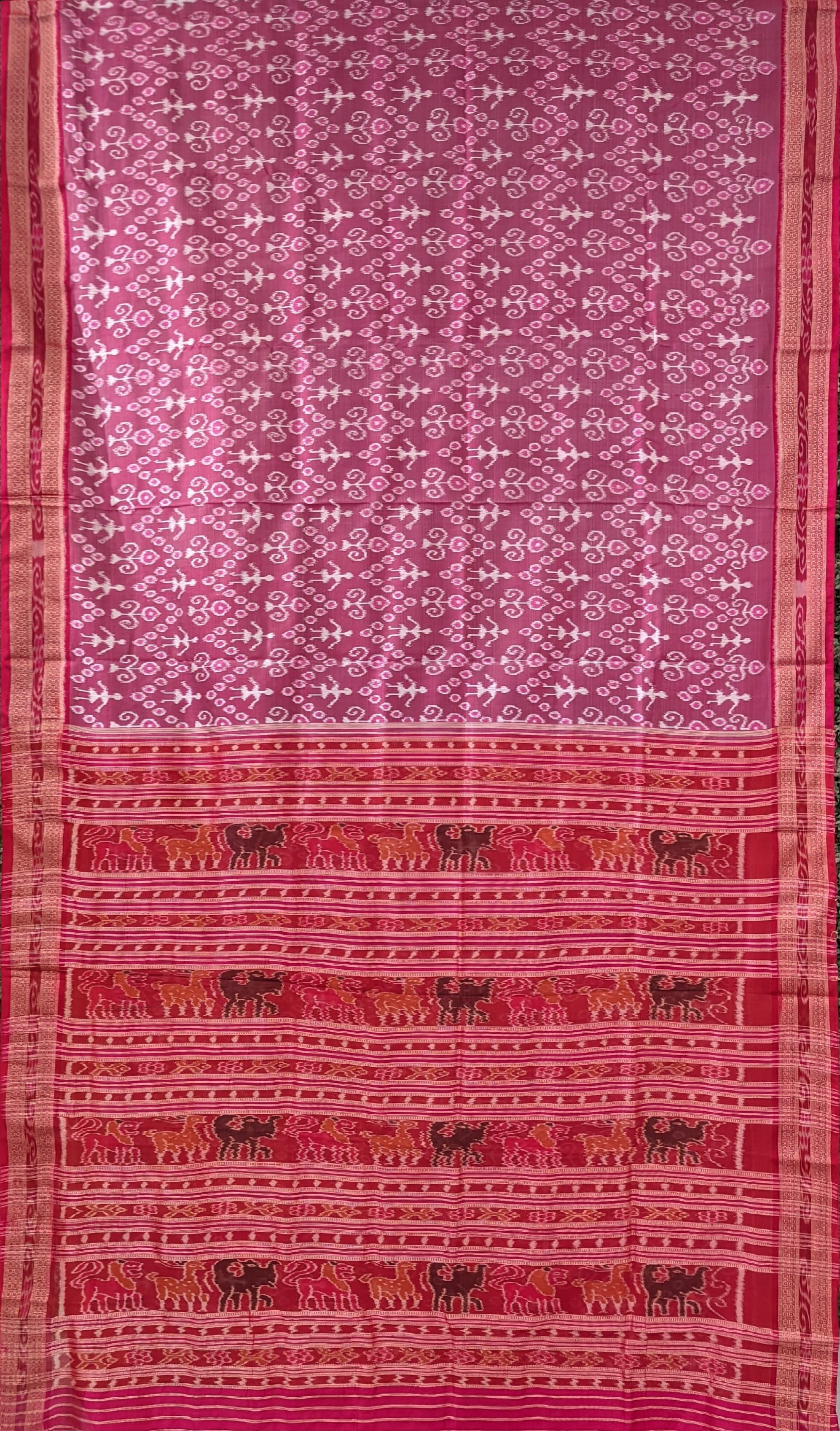 IndianVillèz Onion Pink Tribal Themed Odisha Handloom Khandua Silk Saree