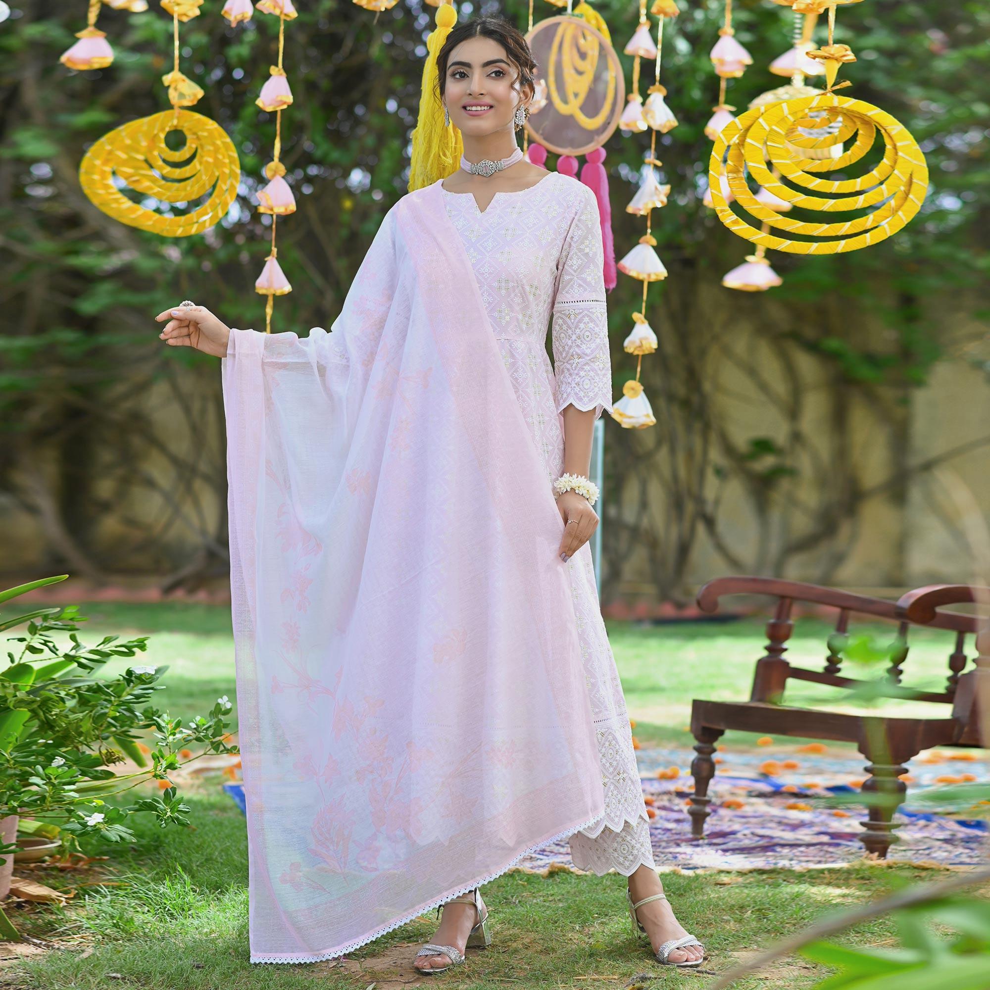 Peachmode Light Pink Lucknowi Embroidered Pure Cotton Anarkali Suit - view 3