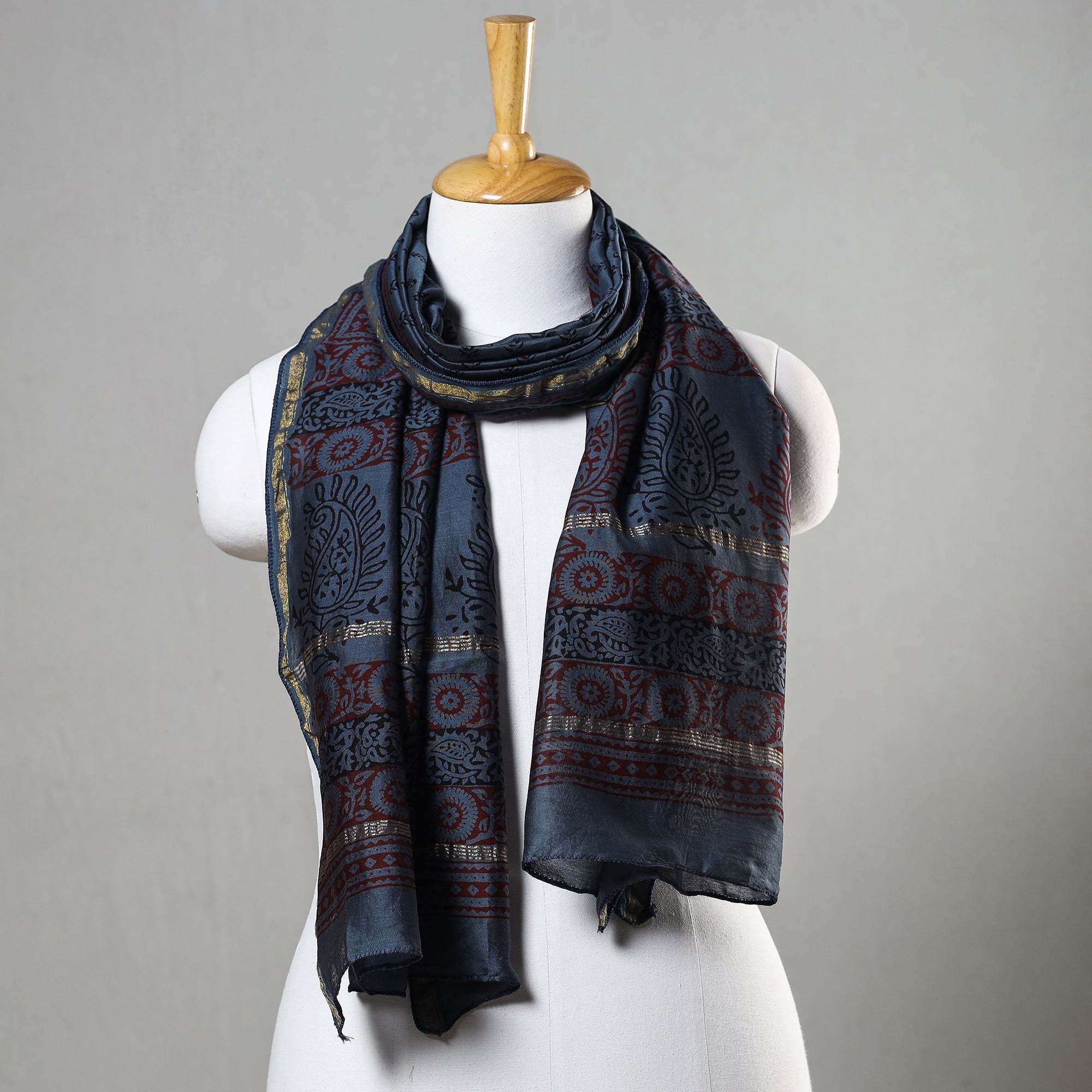 BAGH PRINTS BY YAKOOB KHATRI Blue - Bagh Hand Block Printed Chanderi Silk Stole
