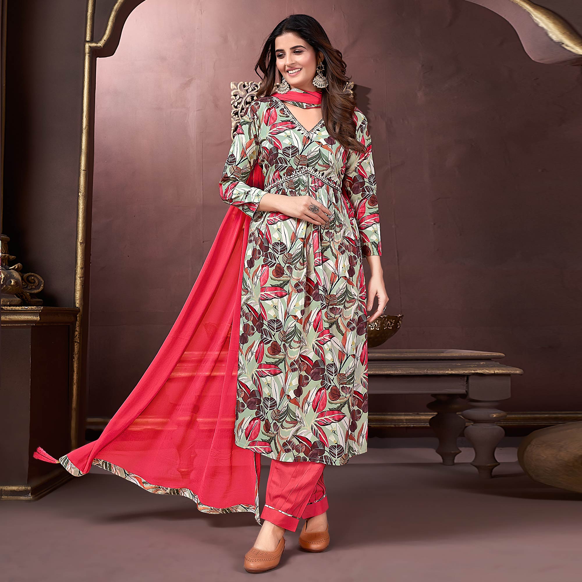 Peachmode Seller Dusty Green Floral Printed Rayon Alia Cut Salwar Suit - view 2