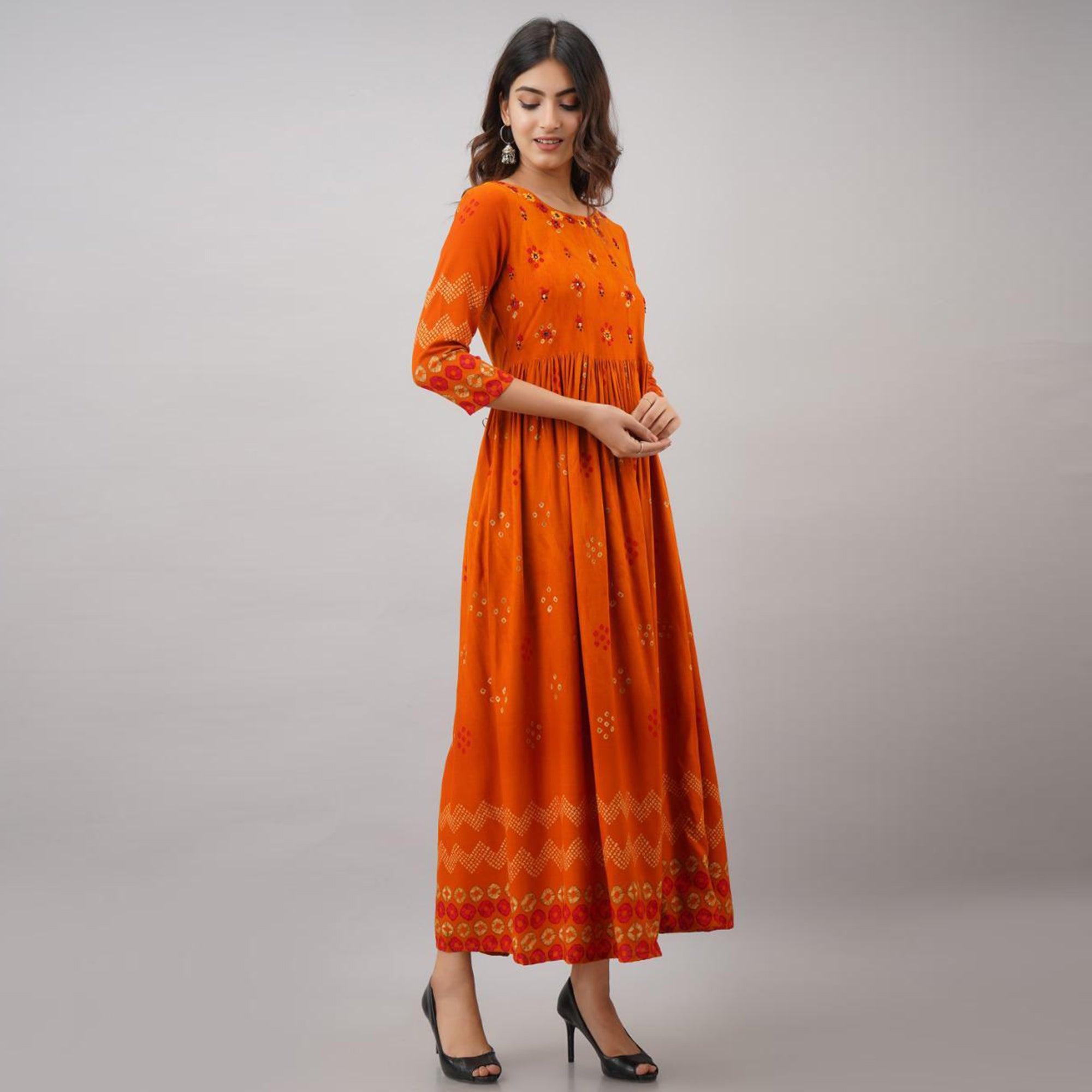 Peachmode Impressive Orange Colored Partywear Embroidered Muslin Long Kurti - view 4