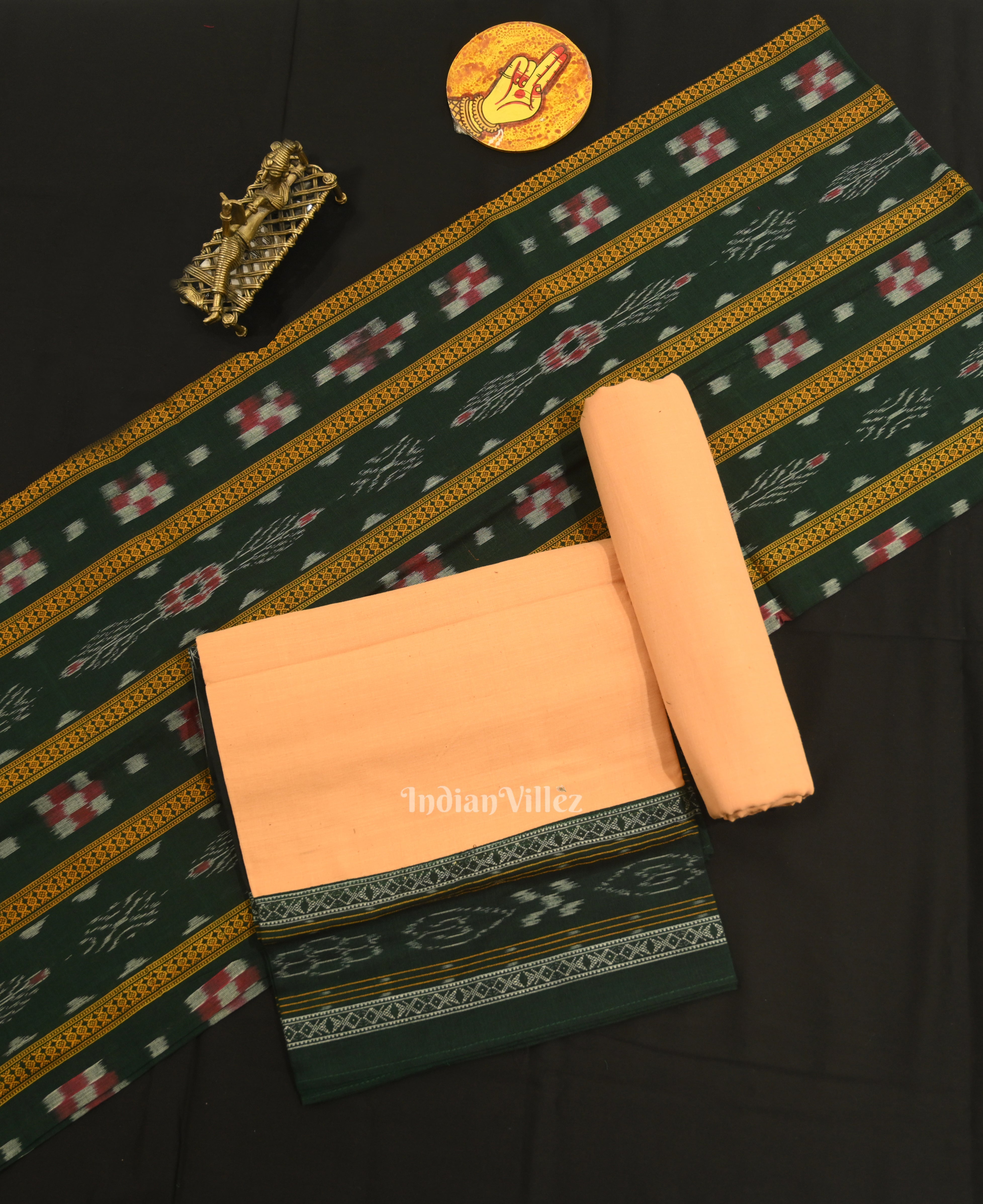 IndianVillèz Green Cream Odisha Ikat Sambalpuri Dress Material & Dupatta
