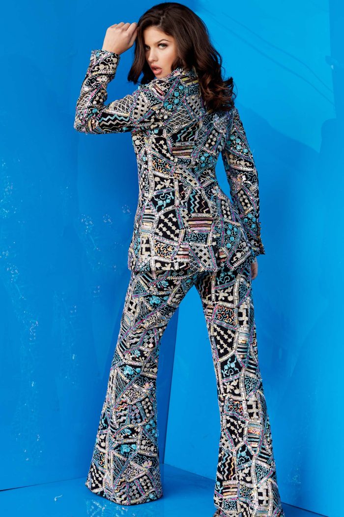 Jovani 09816 Long Beaded Two Piece Printed Pant Suit - view 2