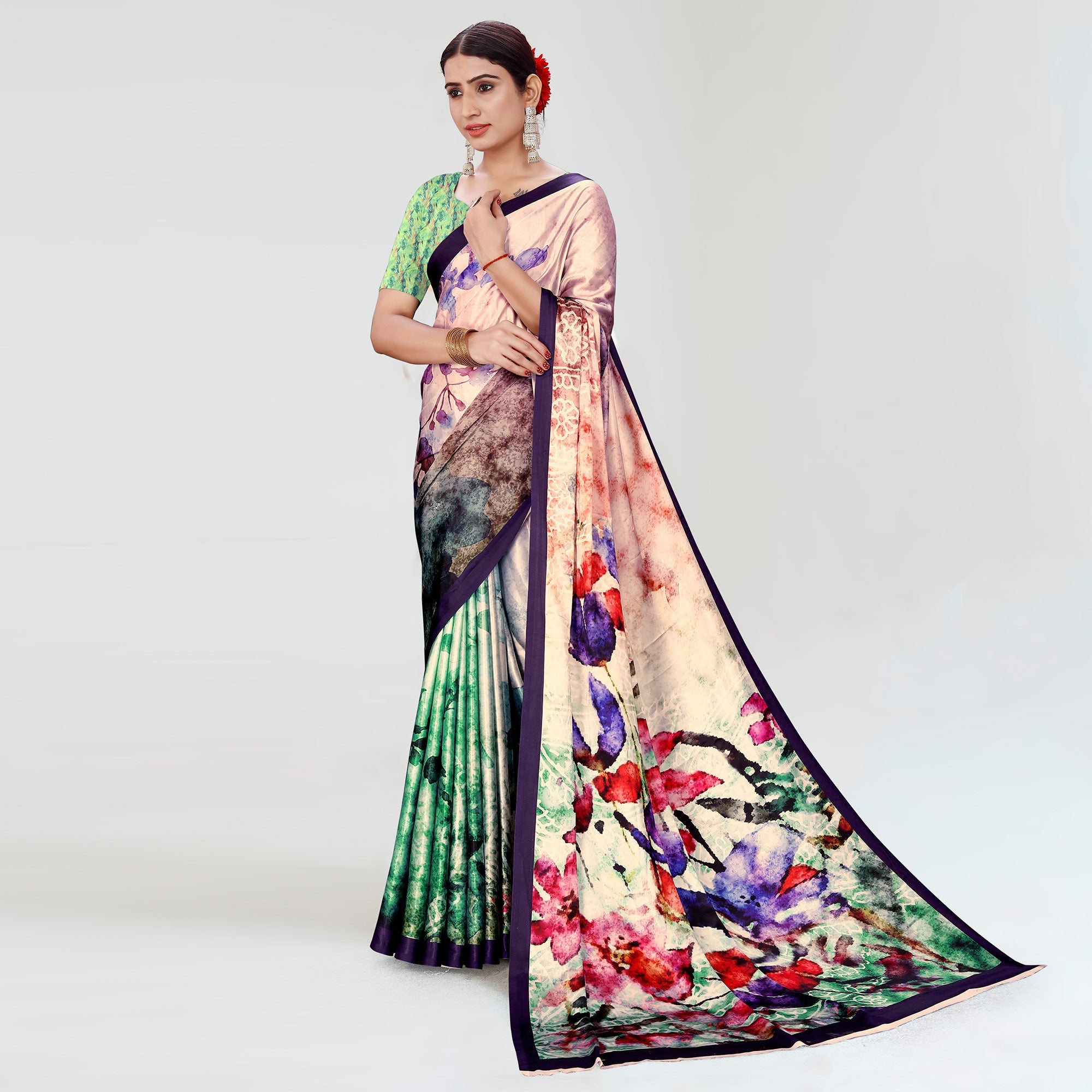 Peachmode Multicolor Digital Printed Satin Saree