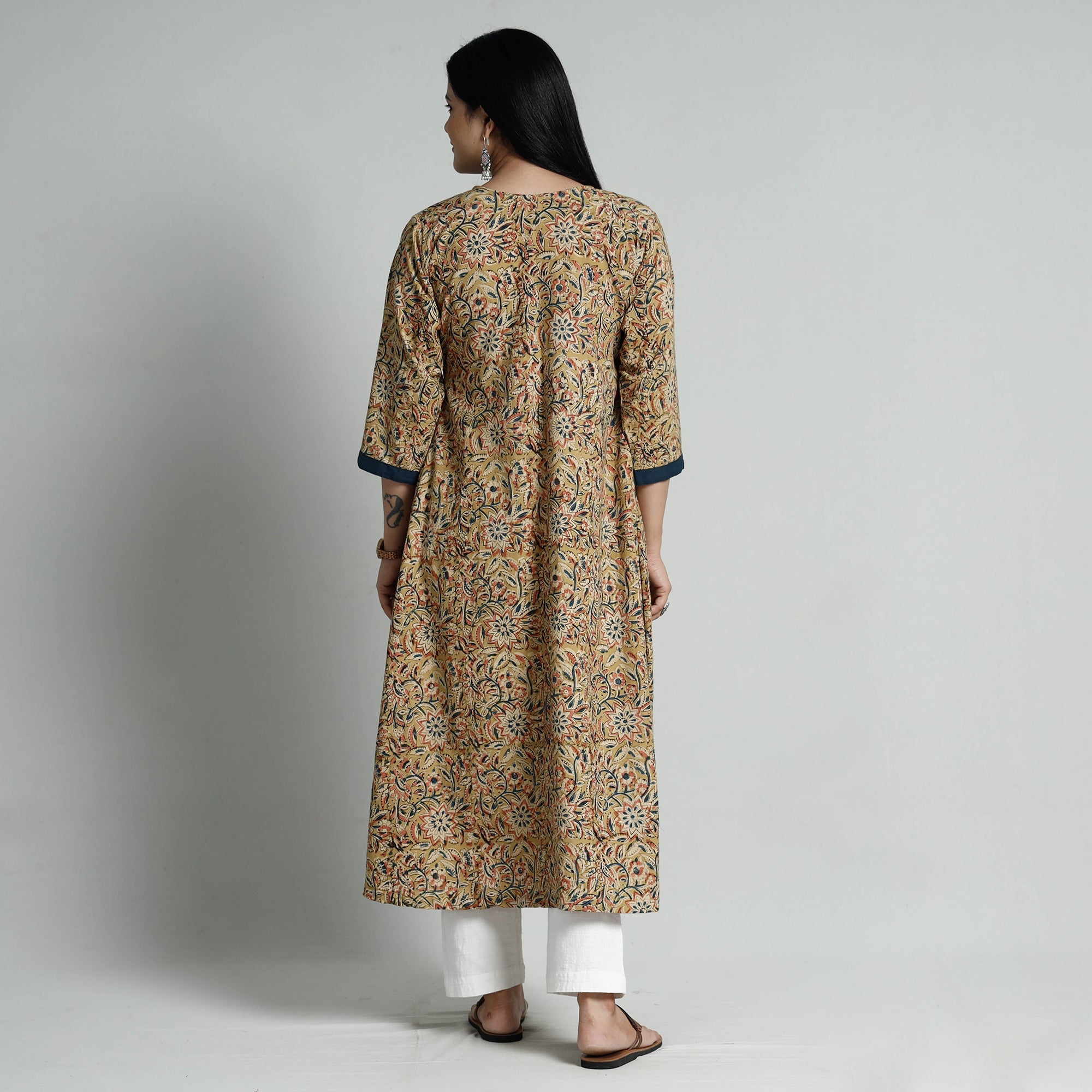 ITOKRI CASUALS Beige - Kalamkari Hand Block Printed Cotton Long A-Line Kurta - view 8