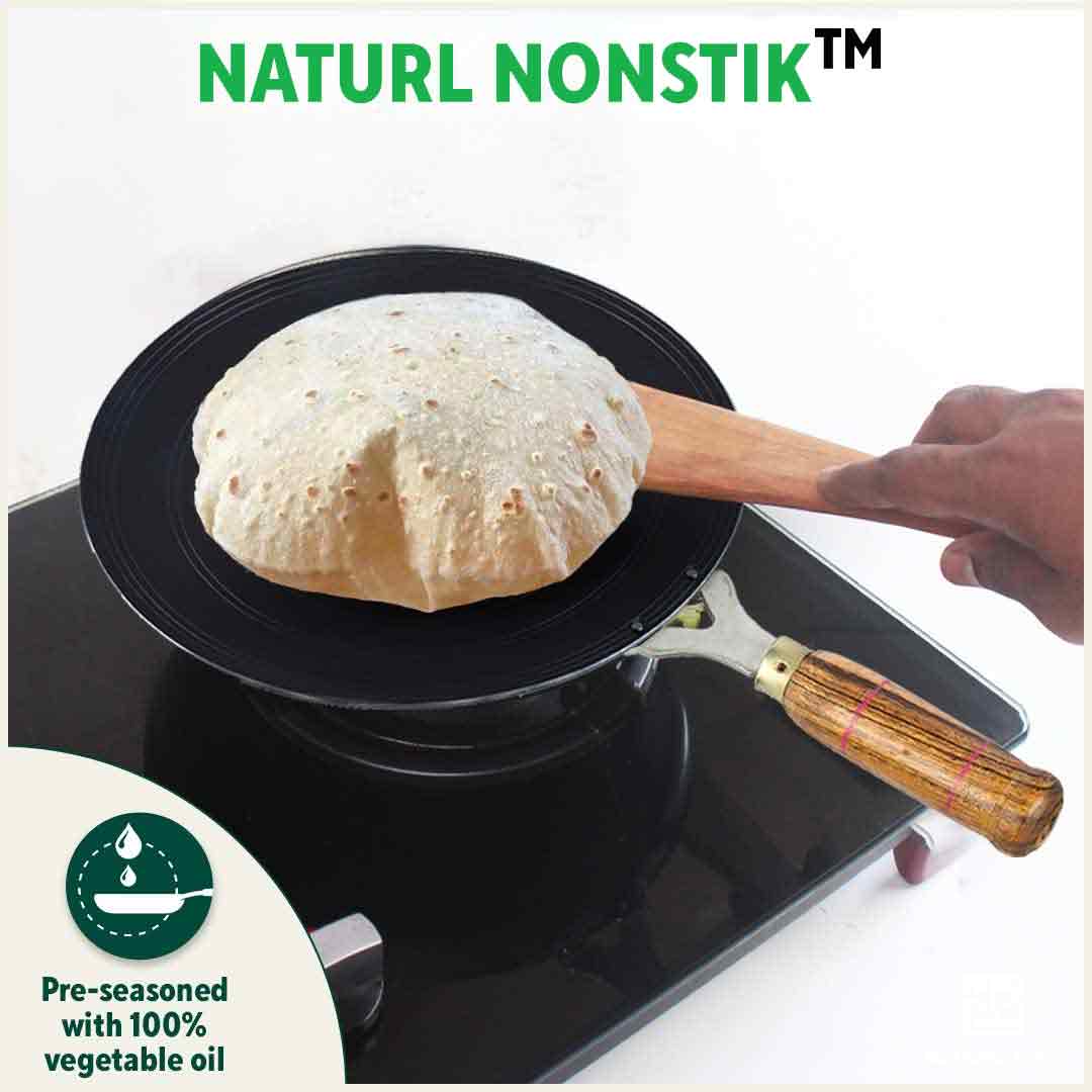 The Indus Valley 100% Pure Sheet Iron Tawa, Concave, Toxin-free, Seasoned, Wooden Handle, 25.5cm, 0.9kg - view 8