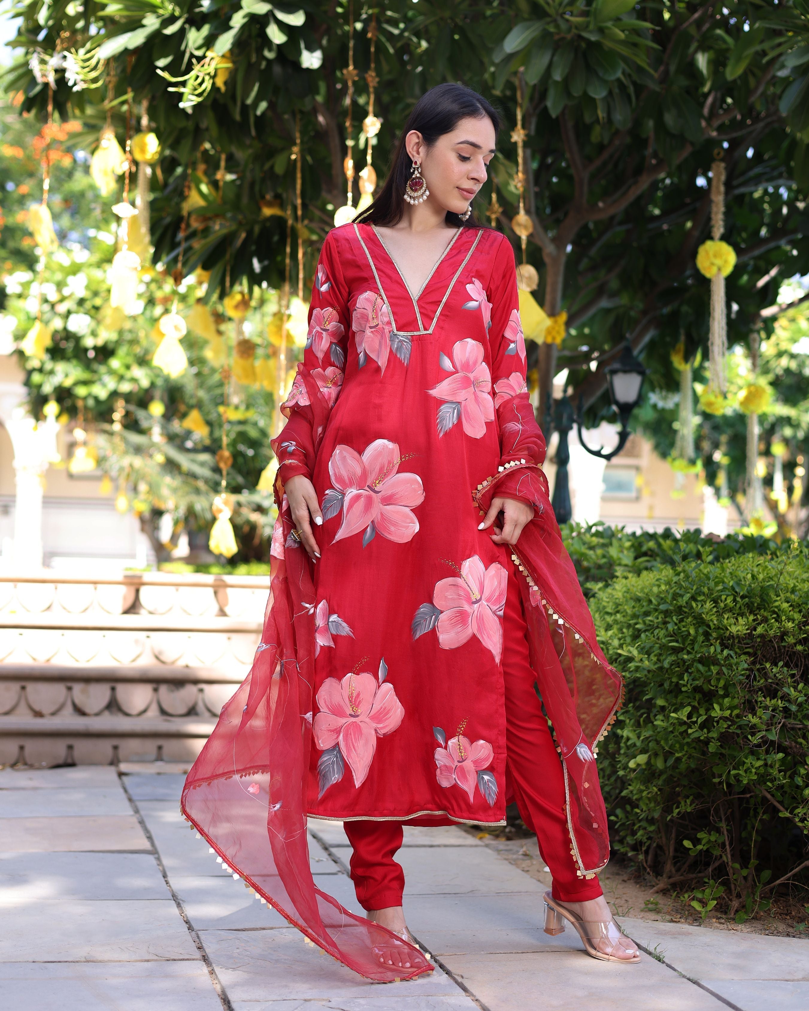 Aachho Raspberry Blush Red Handpainted Satin Suit Set - view 7