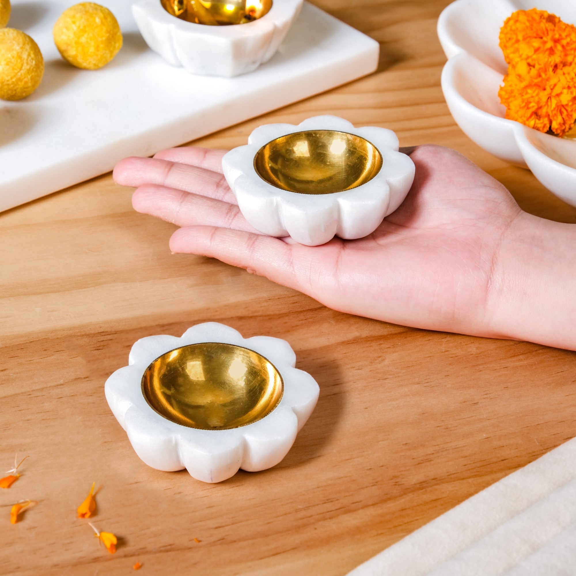 Nestasia Floral Design Marble And Brass Diya Set Of 2 - view 2