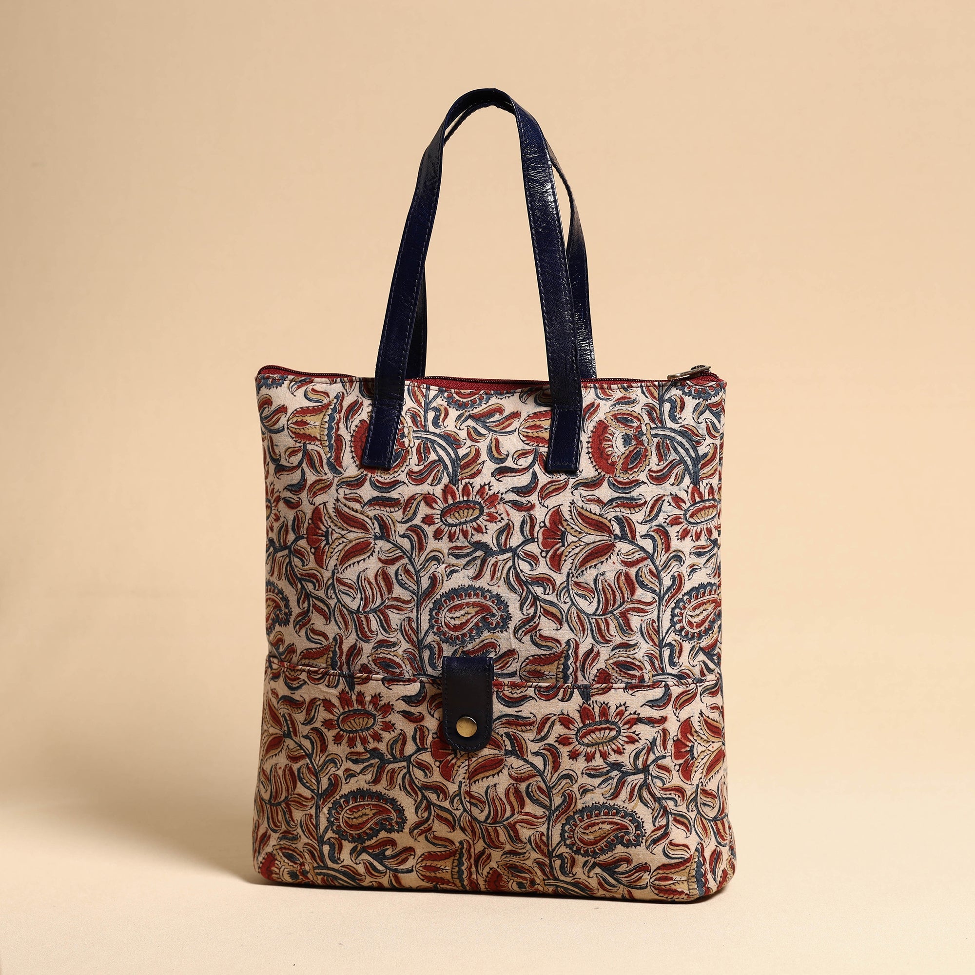 ASALKAAR Beige - Handcrafted Kalamkari Block Printed Hand Bag with Leather Handle - view 2