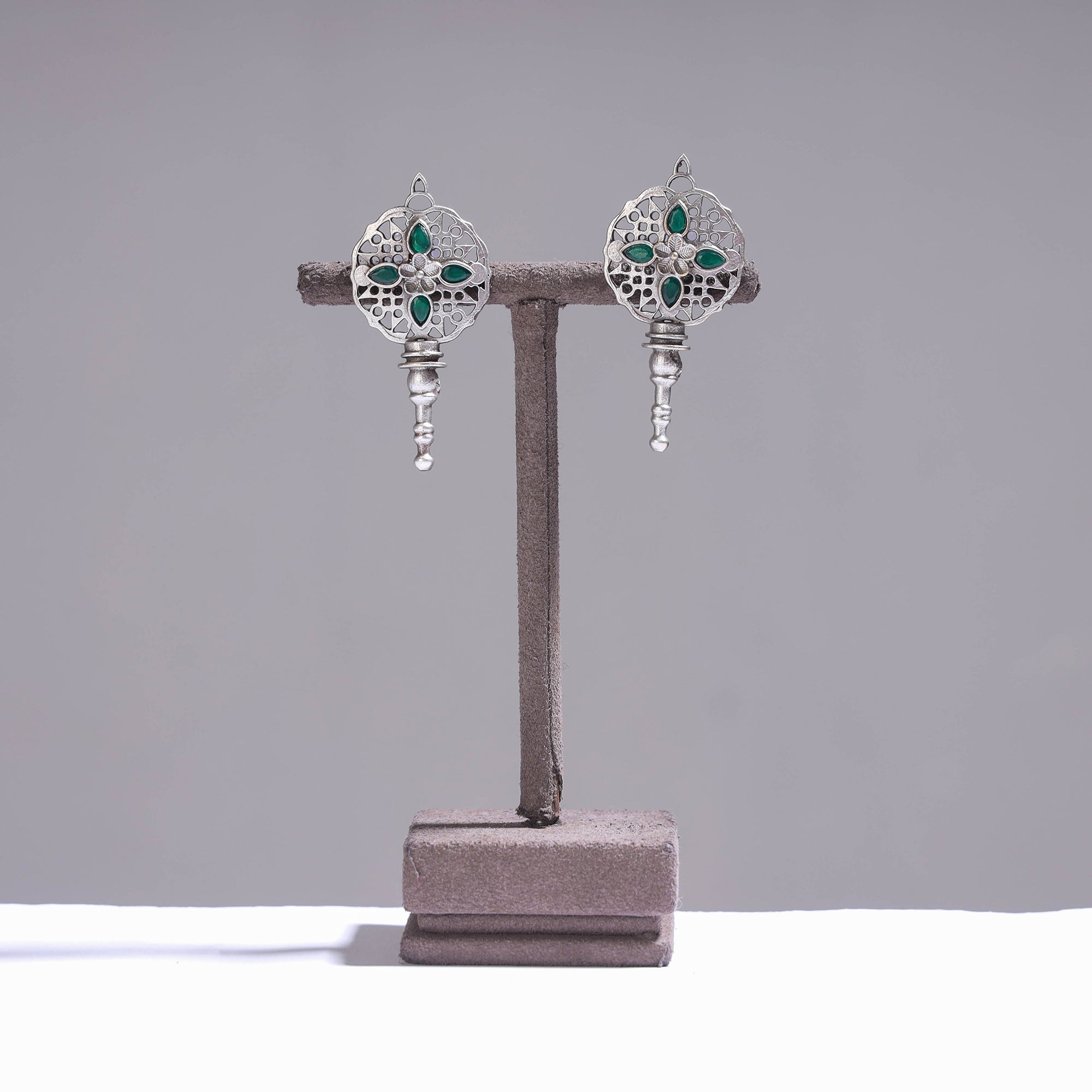 WHITE RIVER STORIES Antique Silver Finish Oxidised Brass Base Stone Work Stud Earrings