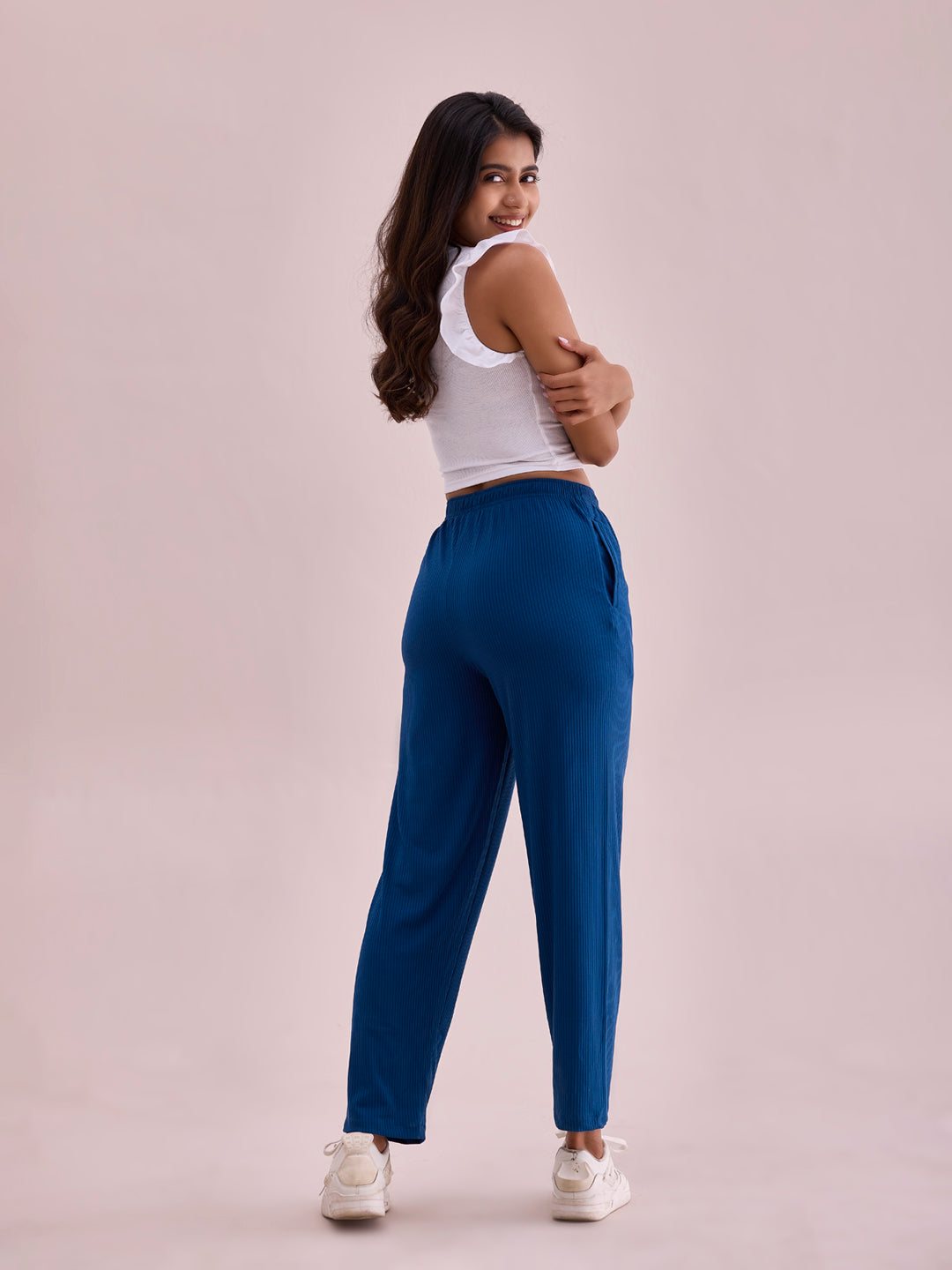 Go Colors Women Solid Turquoise Blue Mid Rise Casual Rib Pants - view 3
