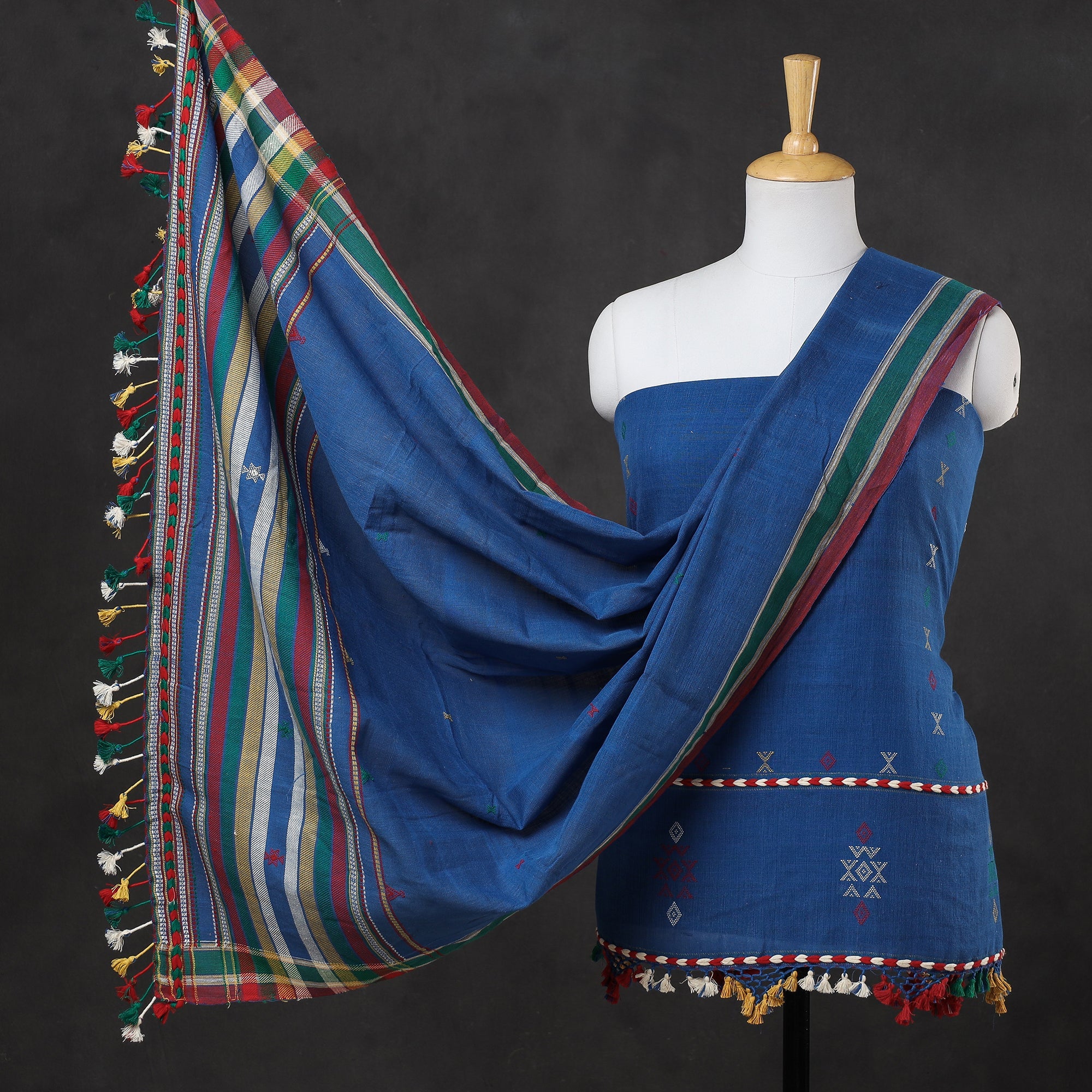KACHCHH JI CHHAAP Blue - 3pc Organic Kala Cotton Pure Handloom Full Work Buti Suit Material Set