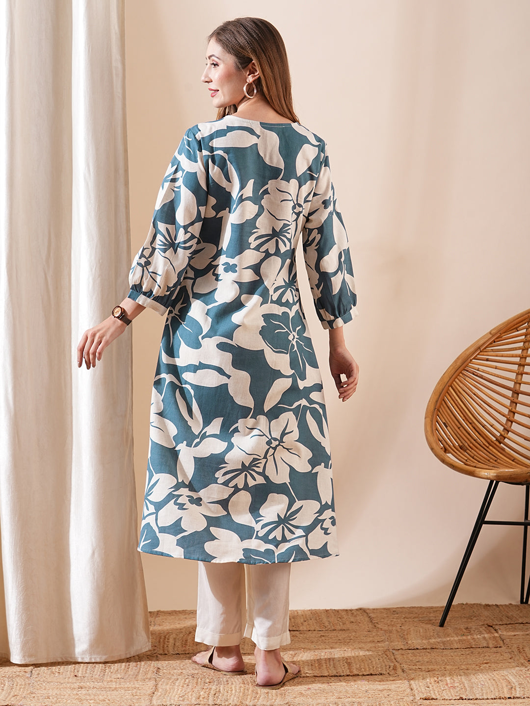 Fashor Abstract Printed A-Line Flared Kurta - Teal Blue - view 6