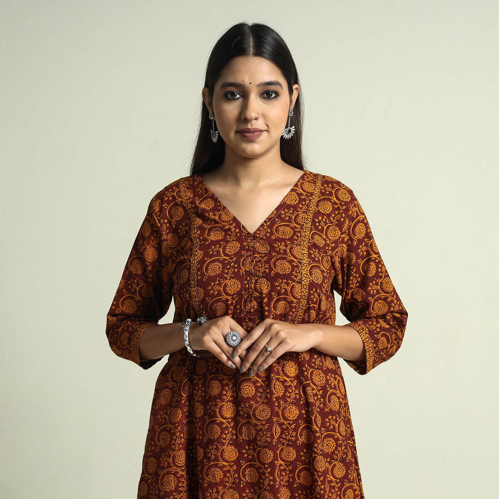 ITOKRI CASUALS Brown - Block Print Cotton A-Line Bagh Kurta
