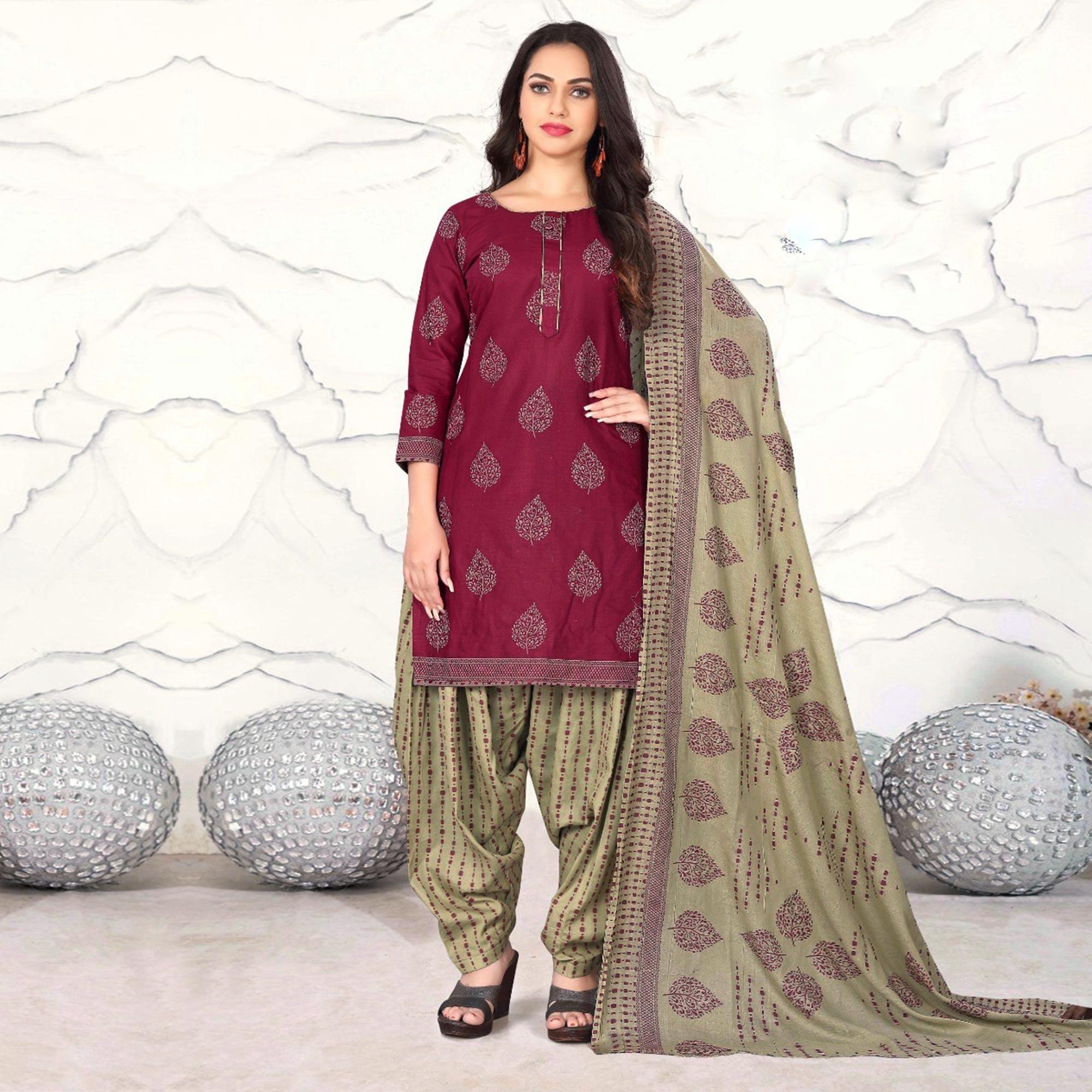 Peachmode Maroon Floral Printed Cotton Blend Dress Material