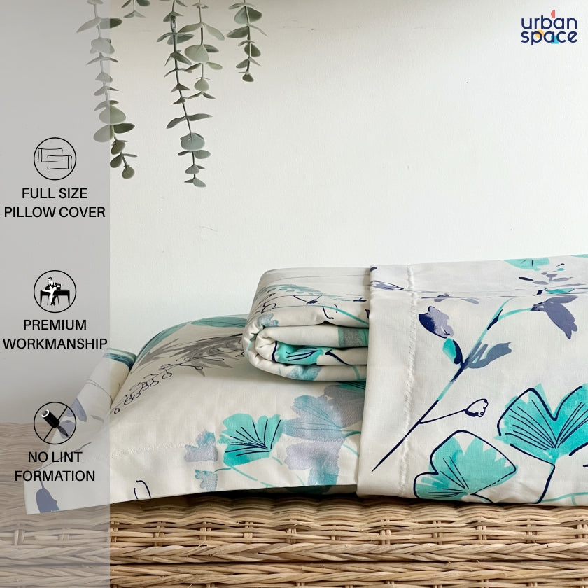 Urban Space -Home Furnishing Store Serene 200 TC 100% Cotton Single Bedsheet with Pillow Covers - Floral Feast Turquoise - view 4