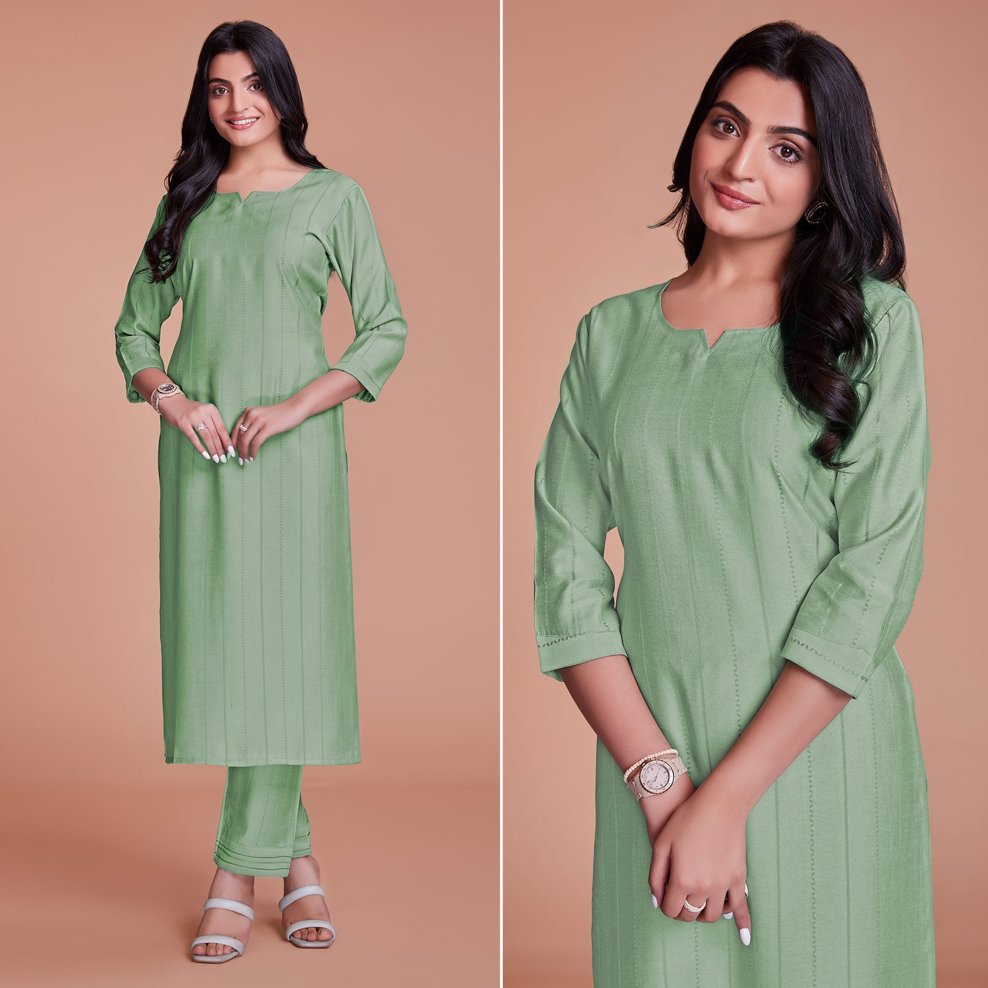 Peachmode Seller Light Pista Green Woven Viscose Kurti Pant Set
