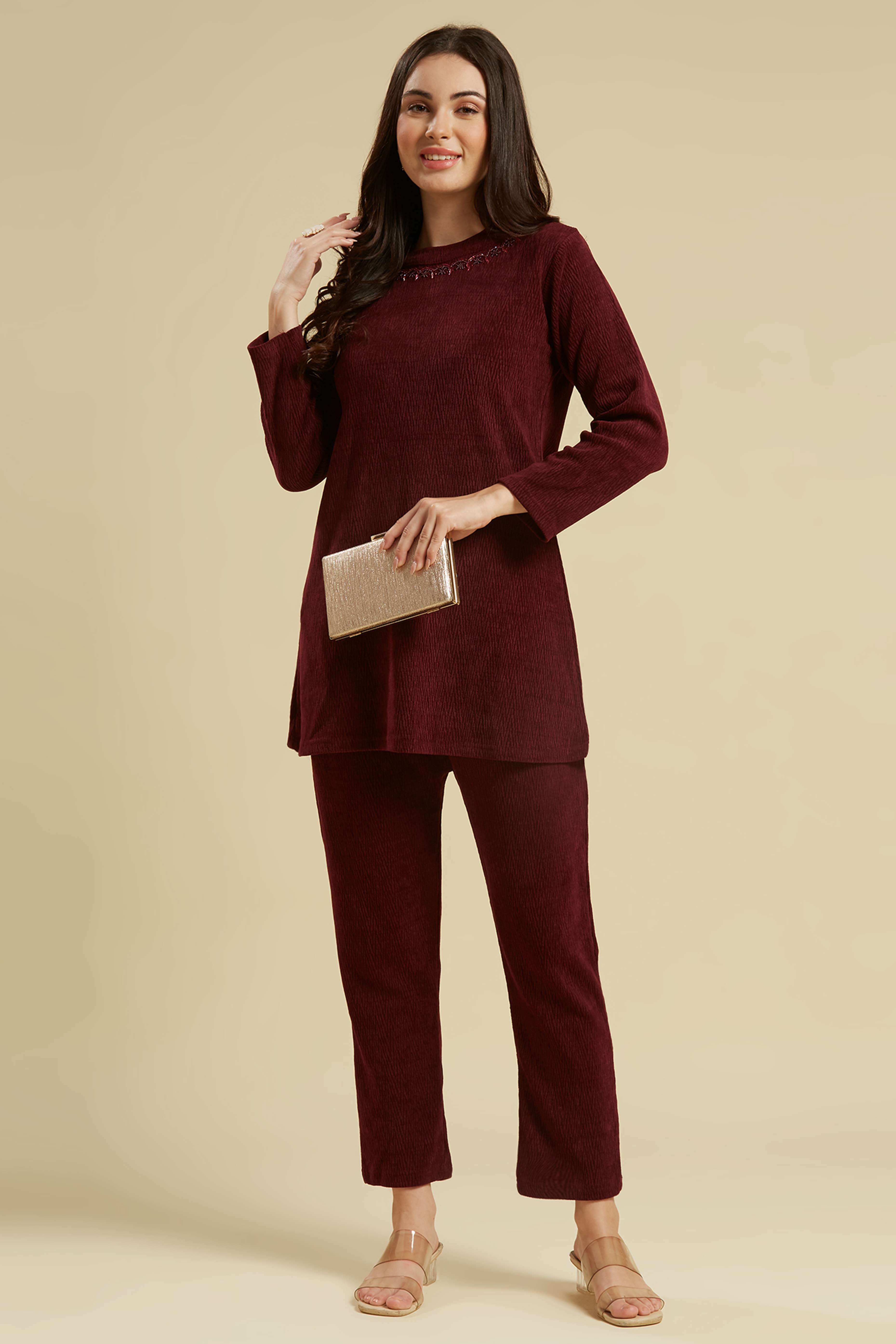 Peachmode Maroon Woven Woolen A-Line Top Bottom Set