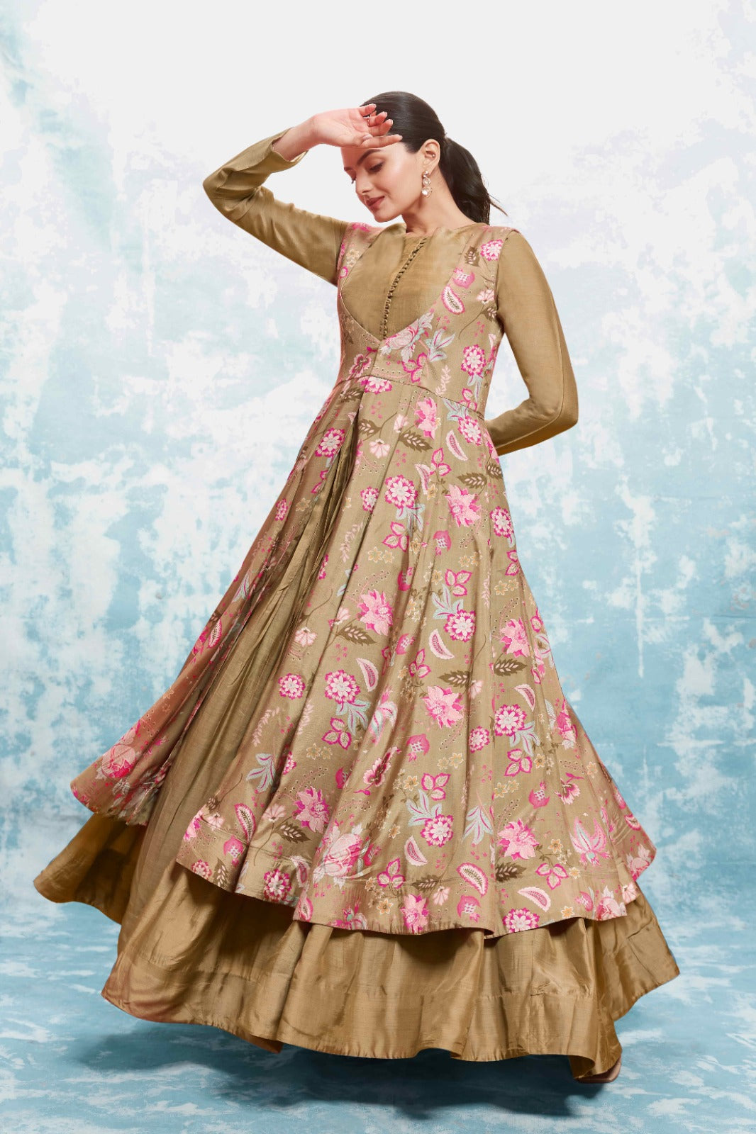 ClothsVilla Chic Olive Muslin Dress with Printed Work and Georgette Dupatta – Ready to Wear - view 2