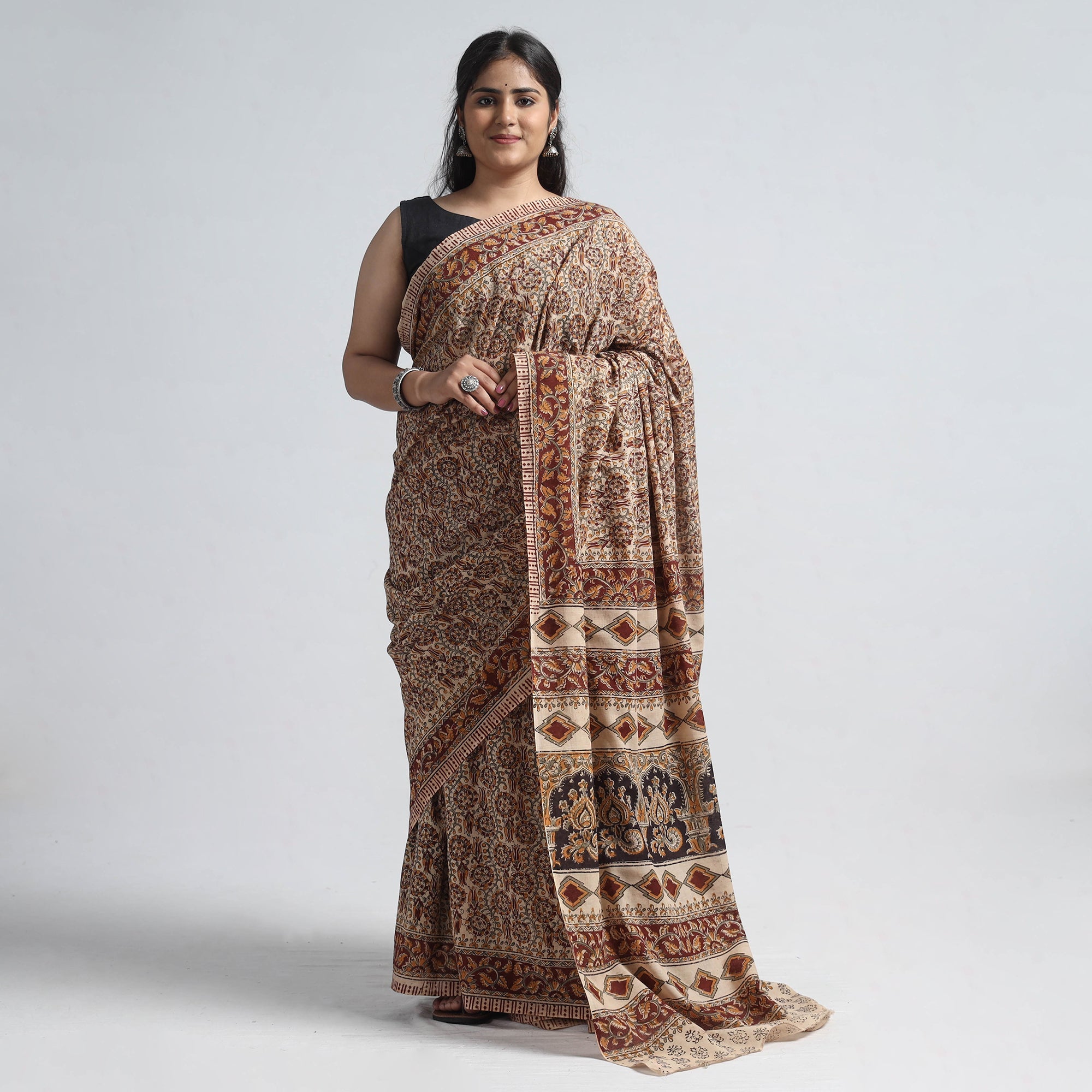 VENKATA BHANU KALAMKARI PEDANA Brown - Pedana Block Print Cotton Kalamkari Saree