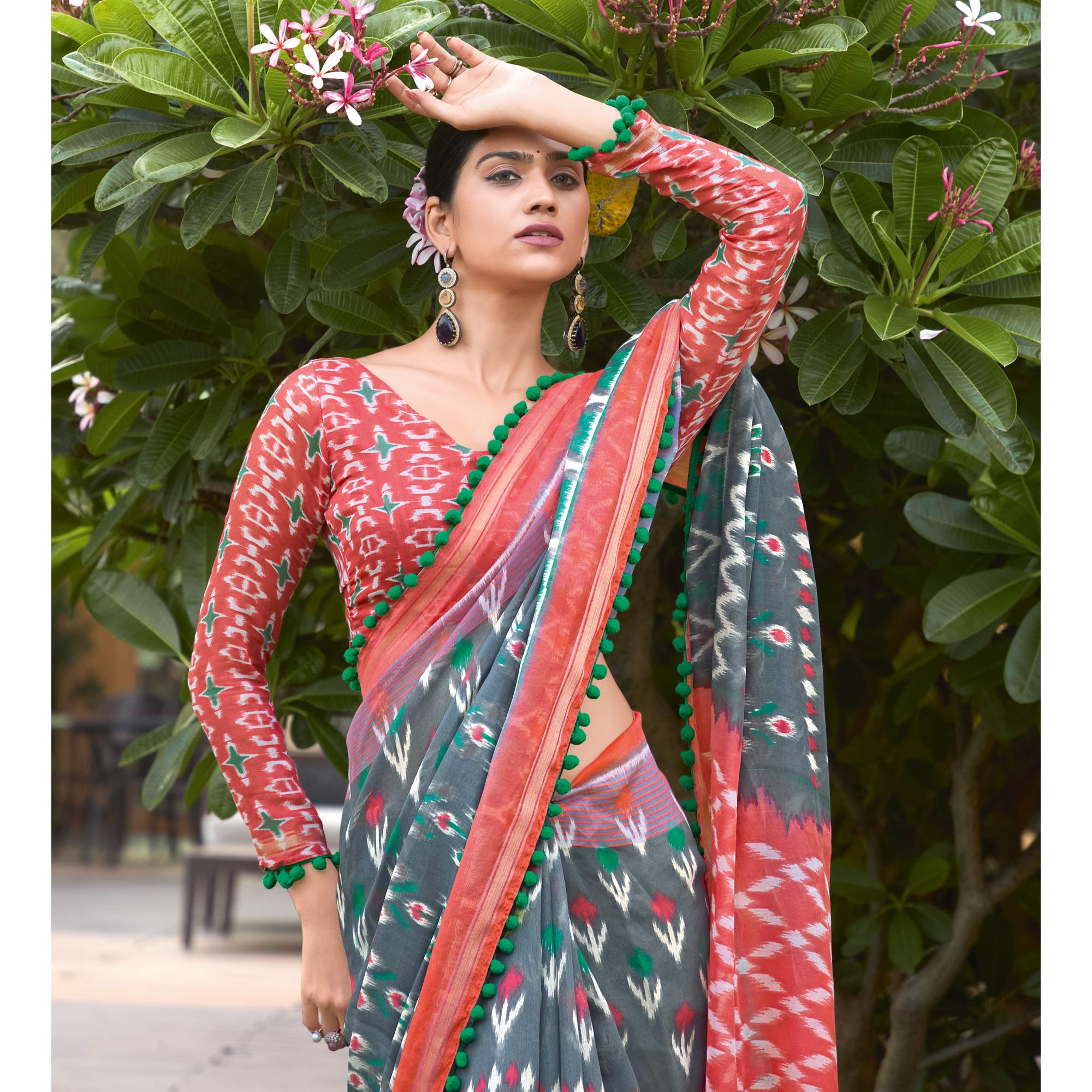 Peachmode Grey Printed Pure Cotton Saree With Pum Pum Border - view 4