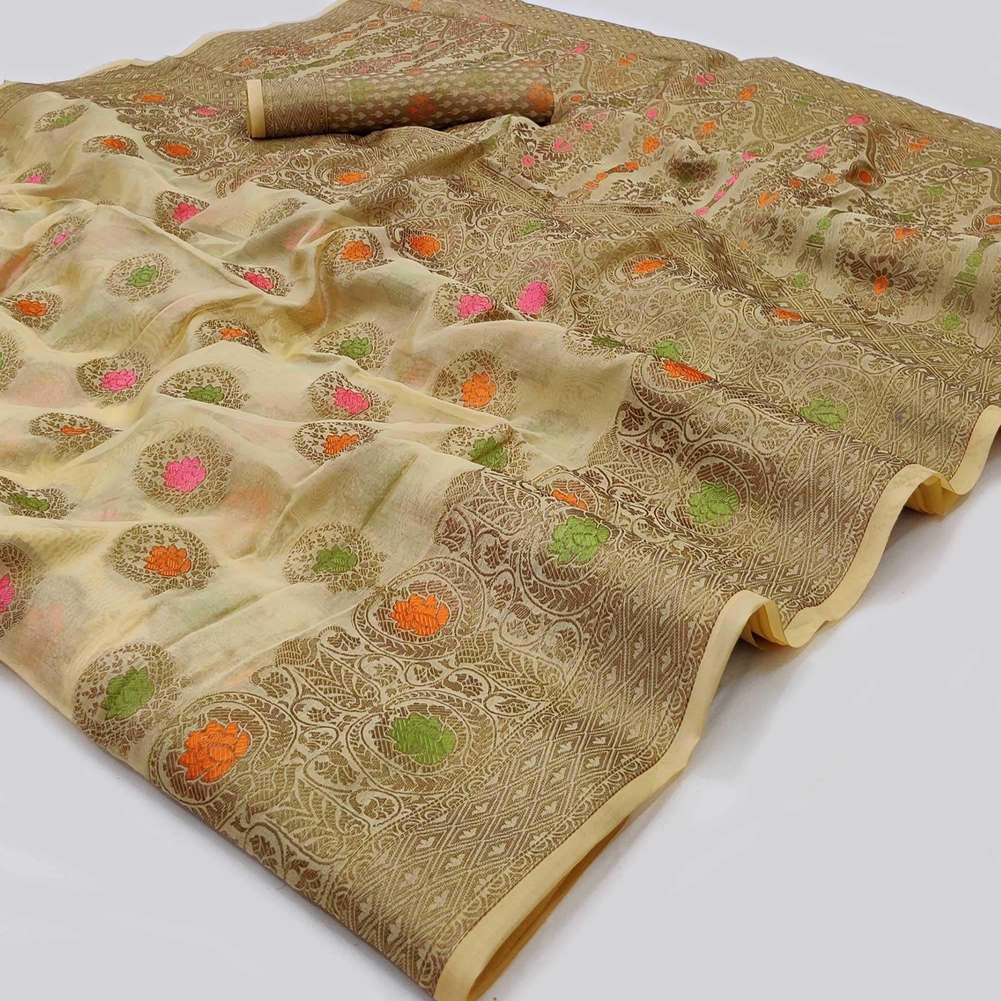 Peachmode Cream Woven Organza Saree – Women's
