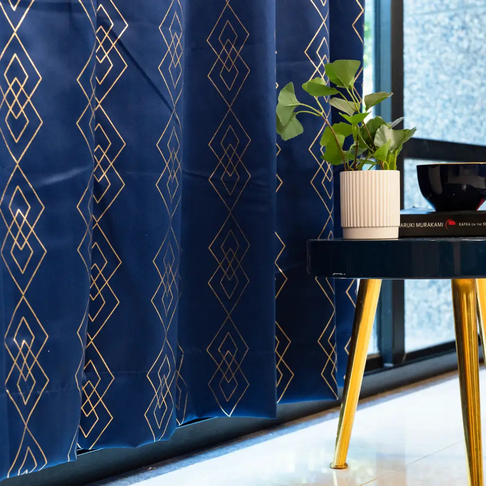 Urban Space -Home Furnishing Store Gold Foil Printed 80-85% Blackout Curtains - Pack of 1 - Diamond - Navy Blue