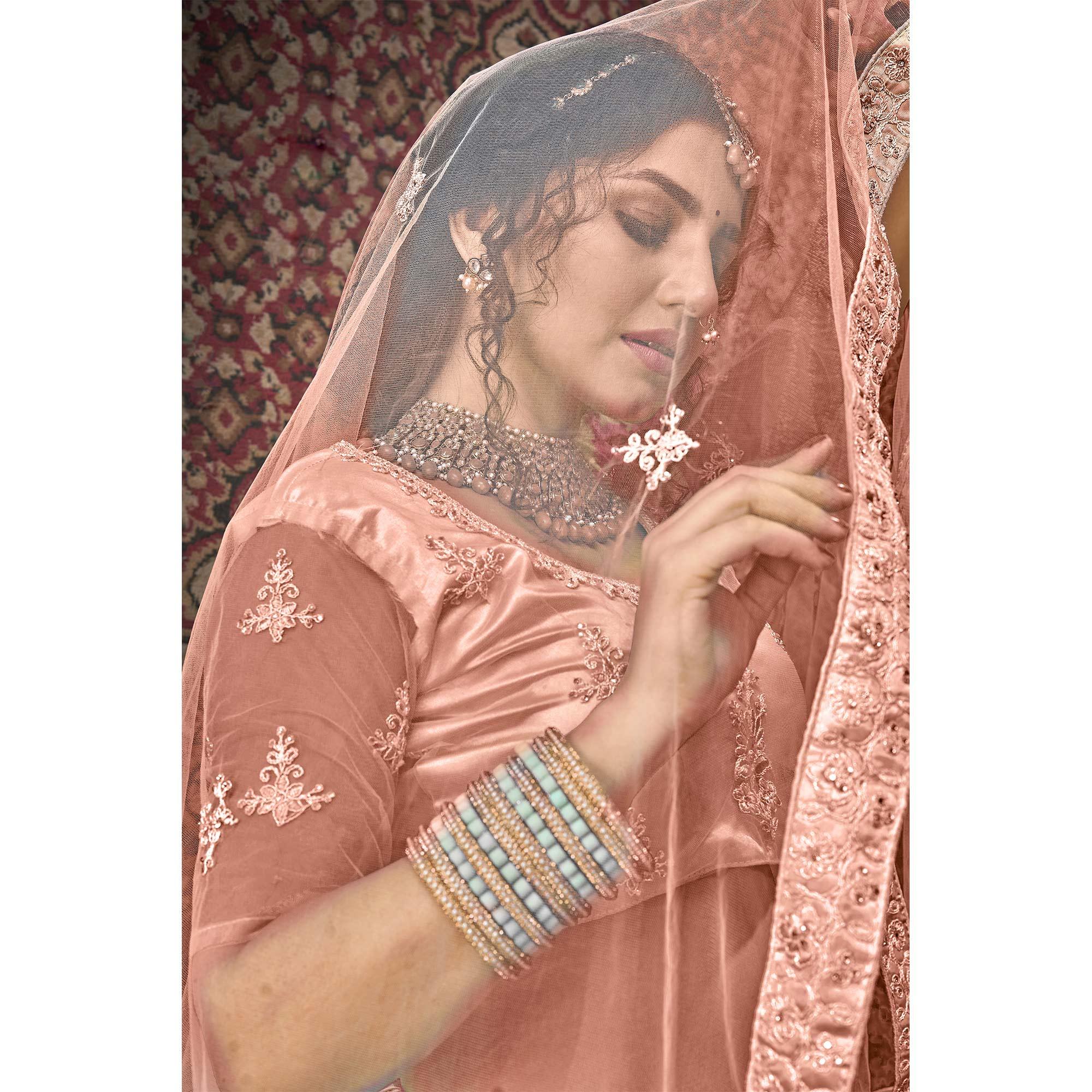Peachmode Dusty Pink Partywear Multi Sequins Embroidered Net Lehenga Choli - view 2