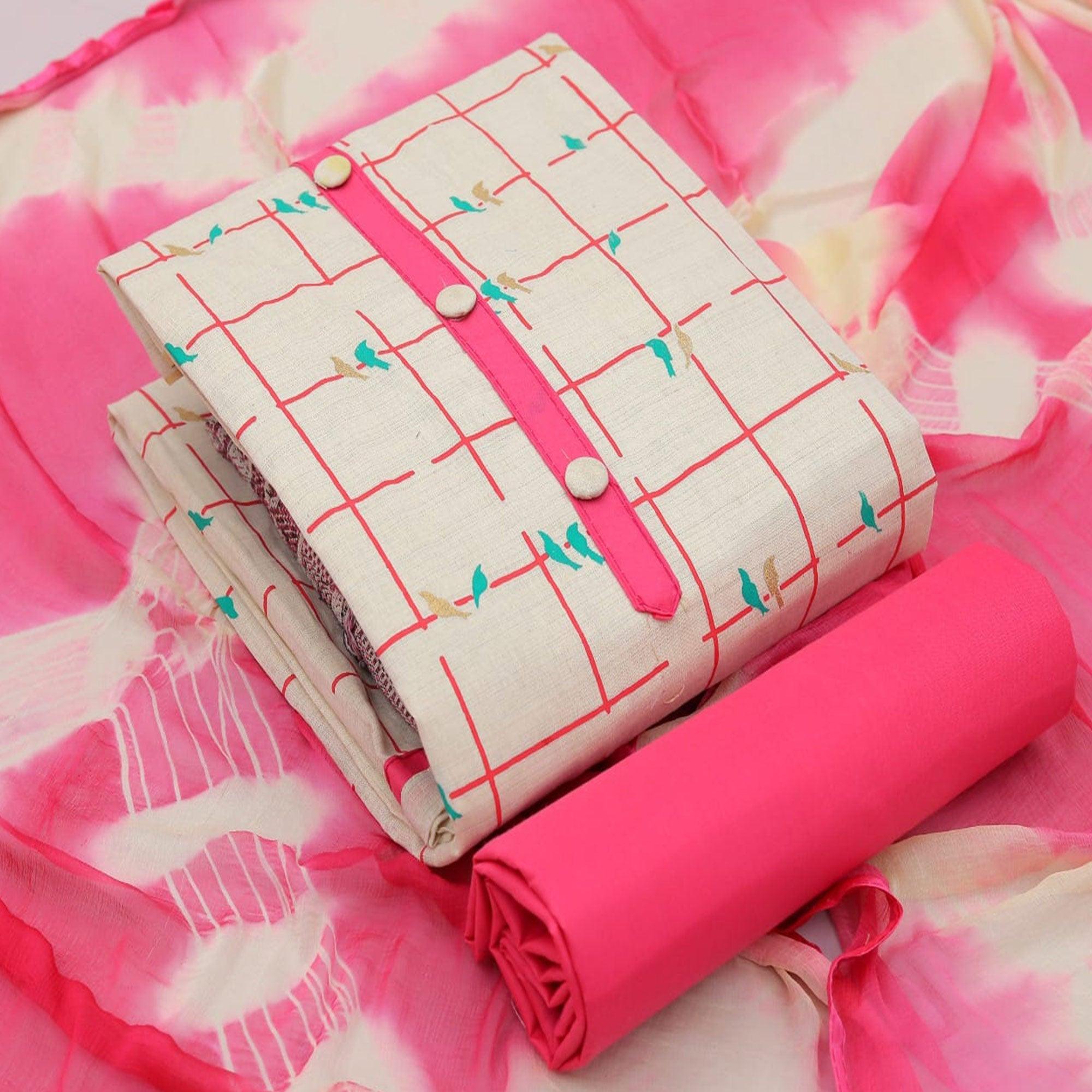 Peachmode Cream - Pink Casual Wear Foil Printed Cotton Dress Material