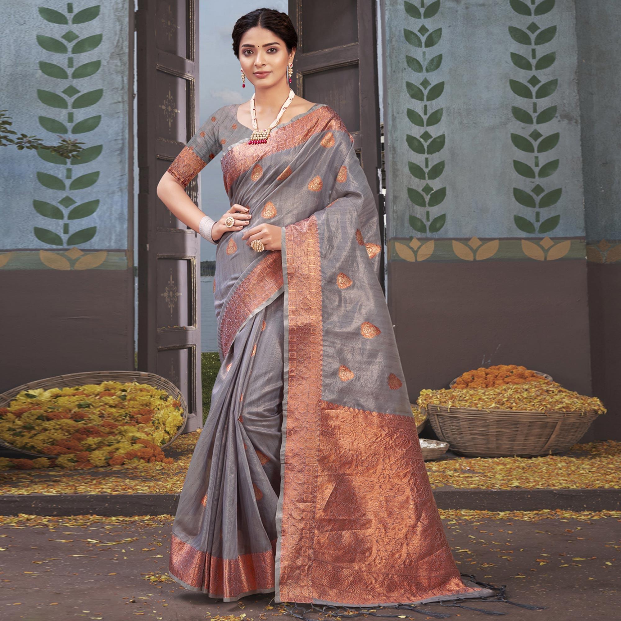 Peachmode Grey Woven Organza Saree With Tassels
