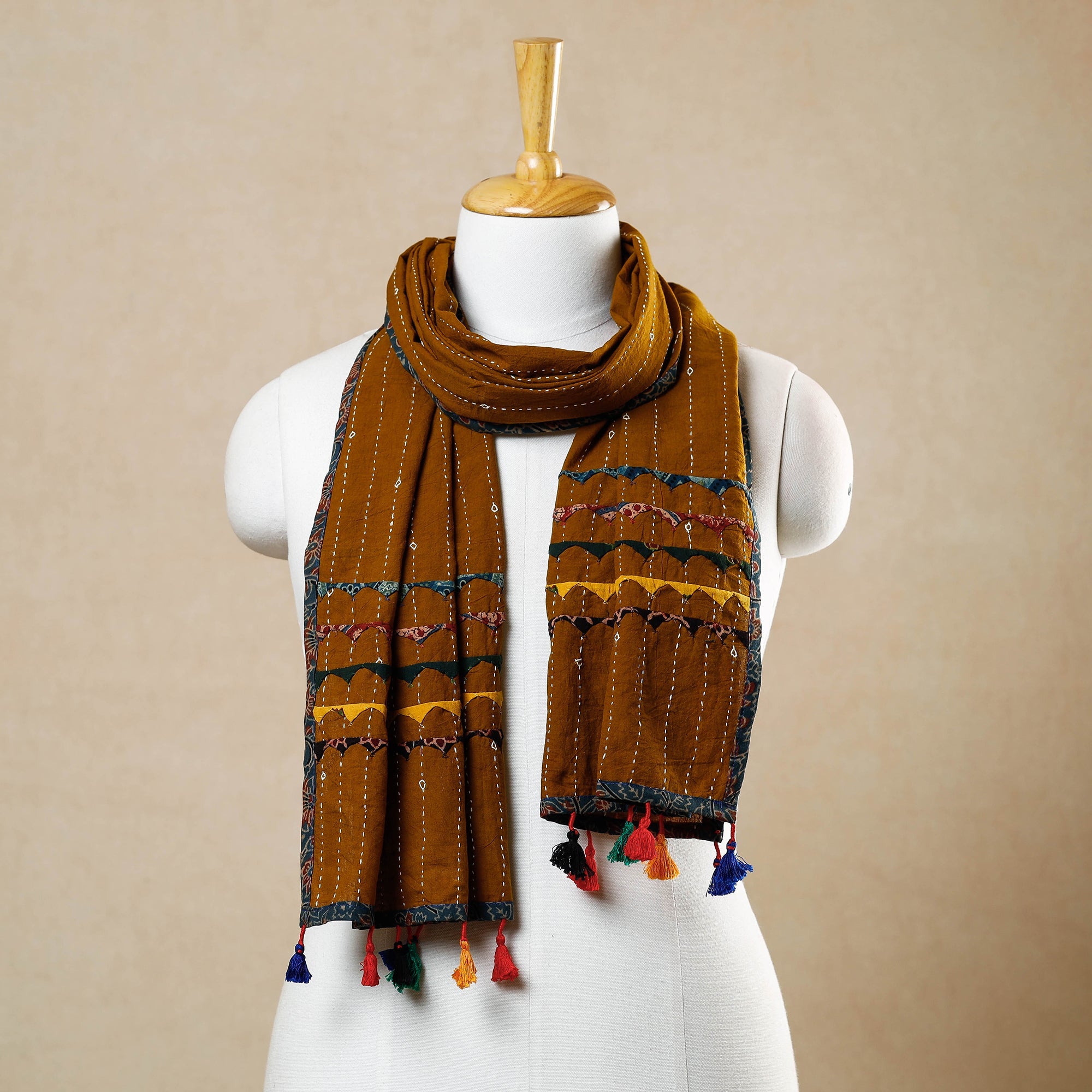 KACHCHH JI CHHAAP Brown - Kutch Tagai Work Ajrakh Border Cotton Stole with Tassels